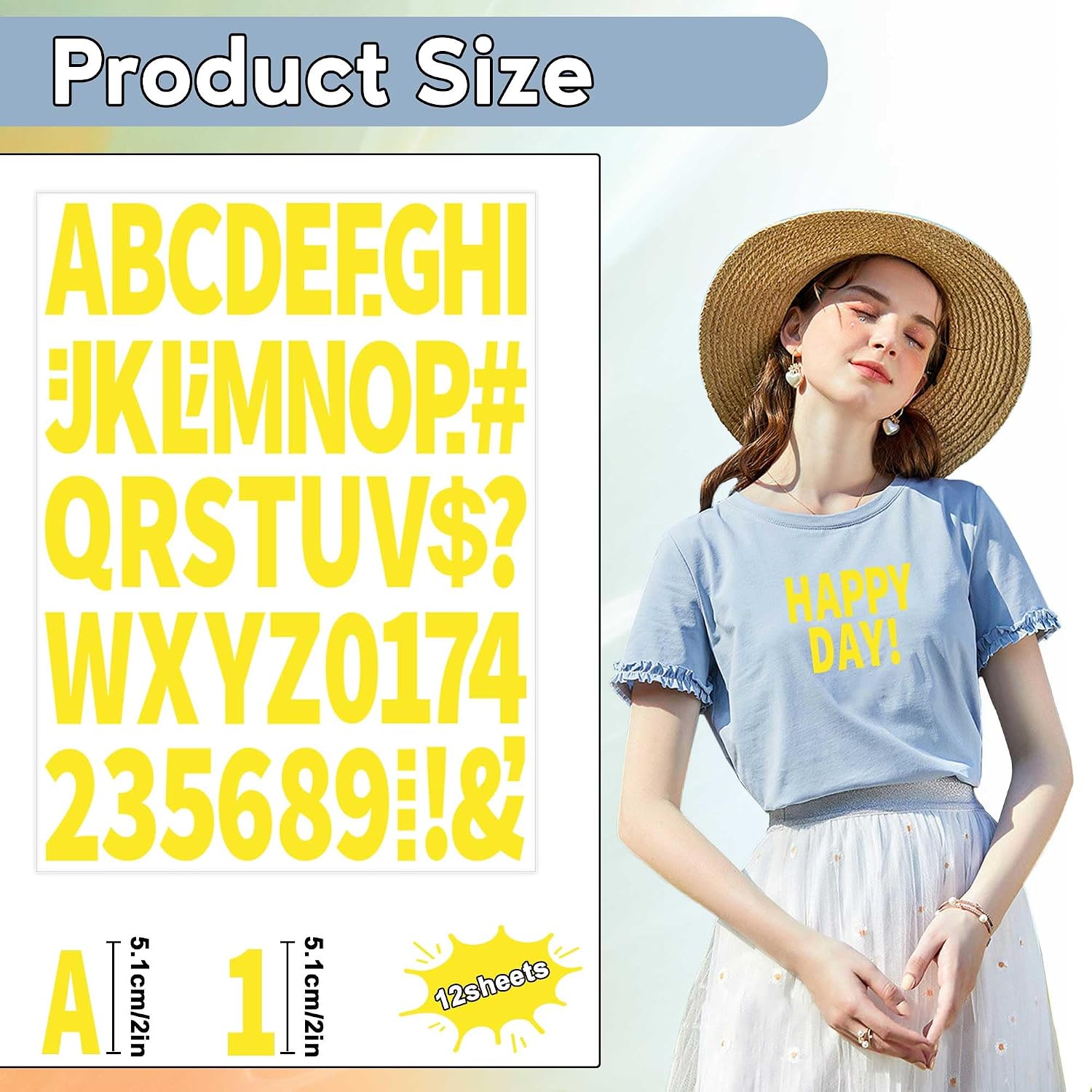 12 Sheets 612 Pieces Iron on Letters and Numbers for Clothing 2 Inch Iron on Letter Patches Large with PU Heat Transfer Alphabet Adhesive Stickers for Fabric T-Shirt Jersey DIY Craft,Yellow