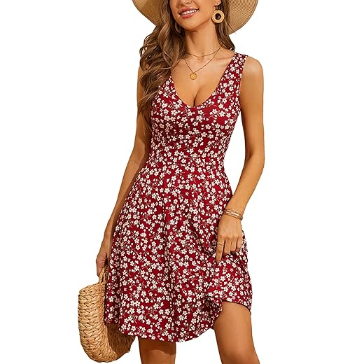 HUHOT Sun Dresses Women Casual Summer Homecoming Dress Junior Dresses for Summer Sundresses for Juniors Wedding Guest Wine Red Floral Flared Midi Tank Dress with Pockets