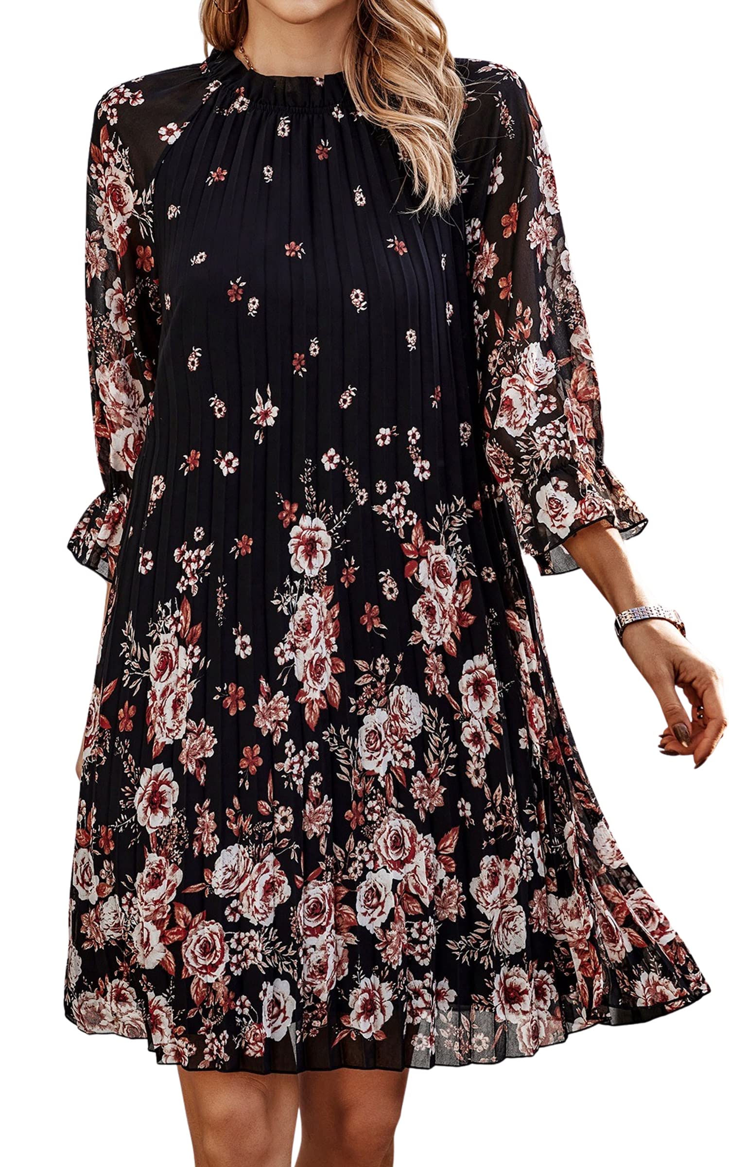 ECOWISH2023 Summer Dresses for Women Chiffon Floral Dress Puff 3/4 Sleeve Ruffle Pleated Dresses