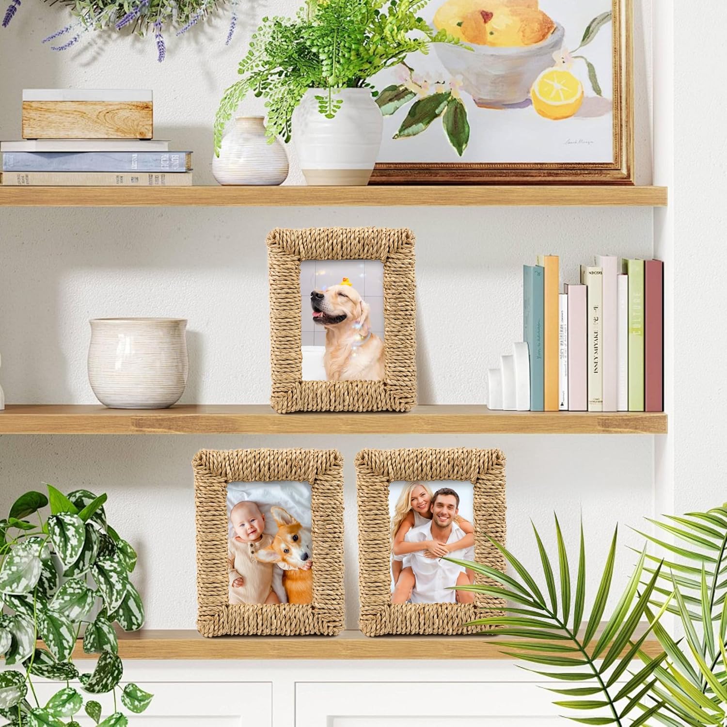 2 Pcs Rattan Picture Frame, 4x6 & 5x7 Boho Photo Frame Handmade Farmhouse Wicker Picture Frame Set for Wall and Tabletop Display (Natural, 4X6+5X7)