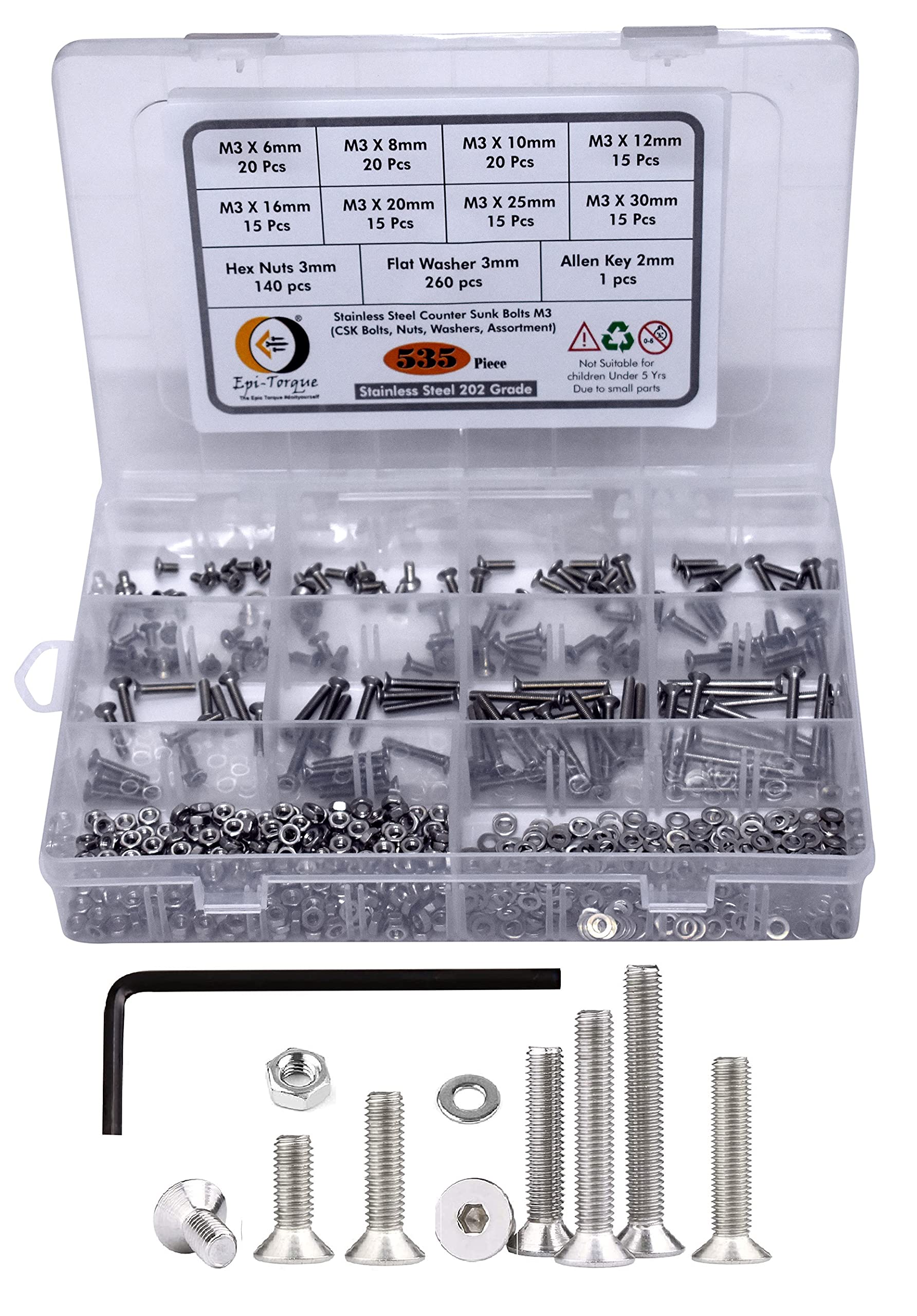 Epi-Torque Stainless Steel 202 Grade Counter Sunk Flat Head Allen Key Bolt M3 Assortment with Matching Nuts, Washer & Allen Key Pack of 535 Pcs-picture-25