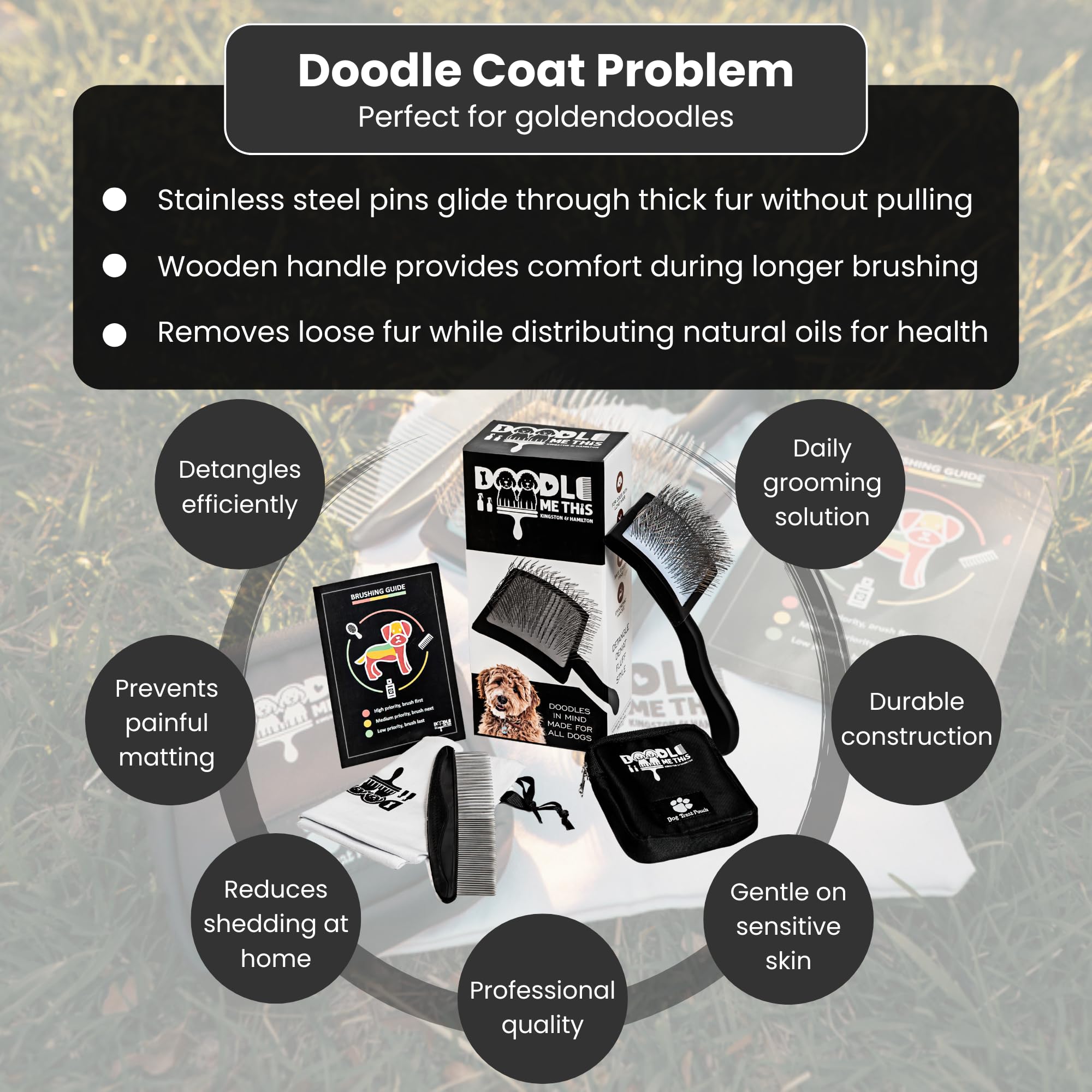 Doodle Me This Dog Slicker Brush para caniches, garabatos, un cepillo grande para perros, un cepillo para perros pequeños, cepillo de madera de pin largo, perfecto para desenredar y desenredar, aseo