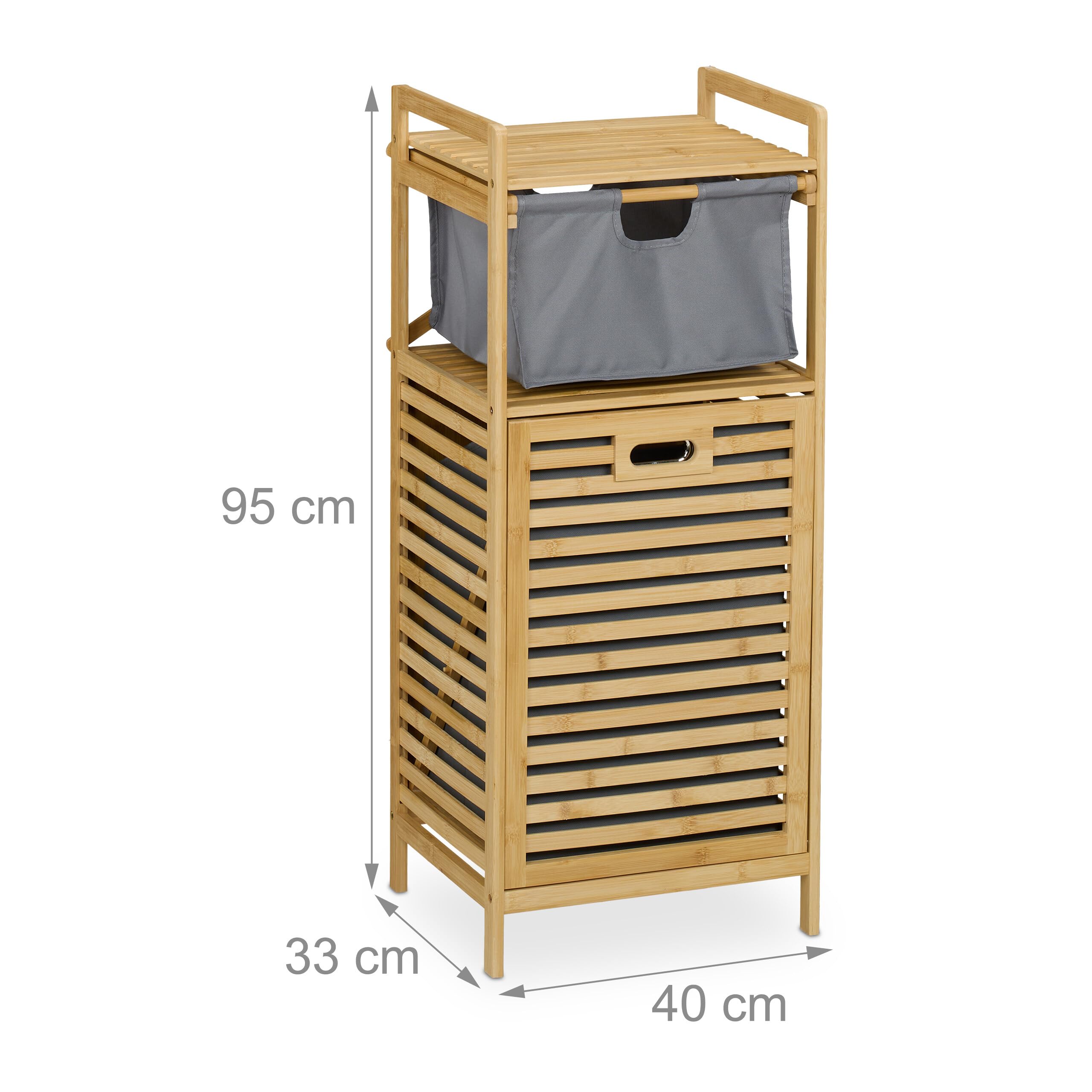 Relaxdays Wäschekorb, kippbarer Wäschesammler, 30 Liter, Ablage & Schublade, Bambus, Stoff, HBT: 95x40x33 cm, natur/grau