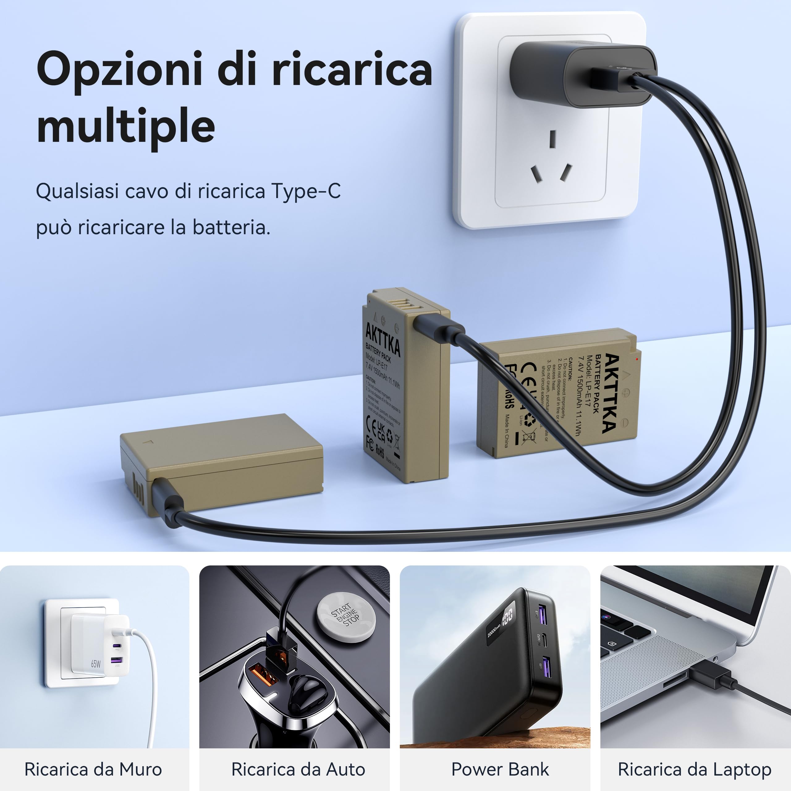 3x Batterie Ricaricabili LP-E17 1500mAh Con Ricarica USB-C Integrata – Canon R8, R10, R50, 250D, 750D, RP, M50 E Molti Altri