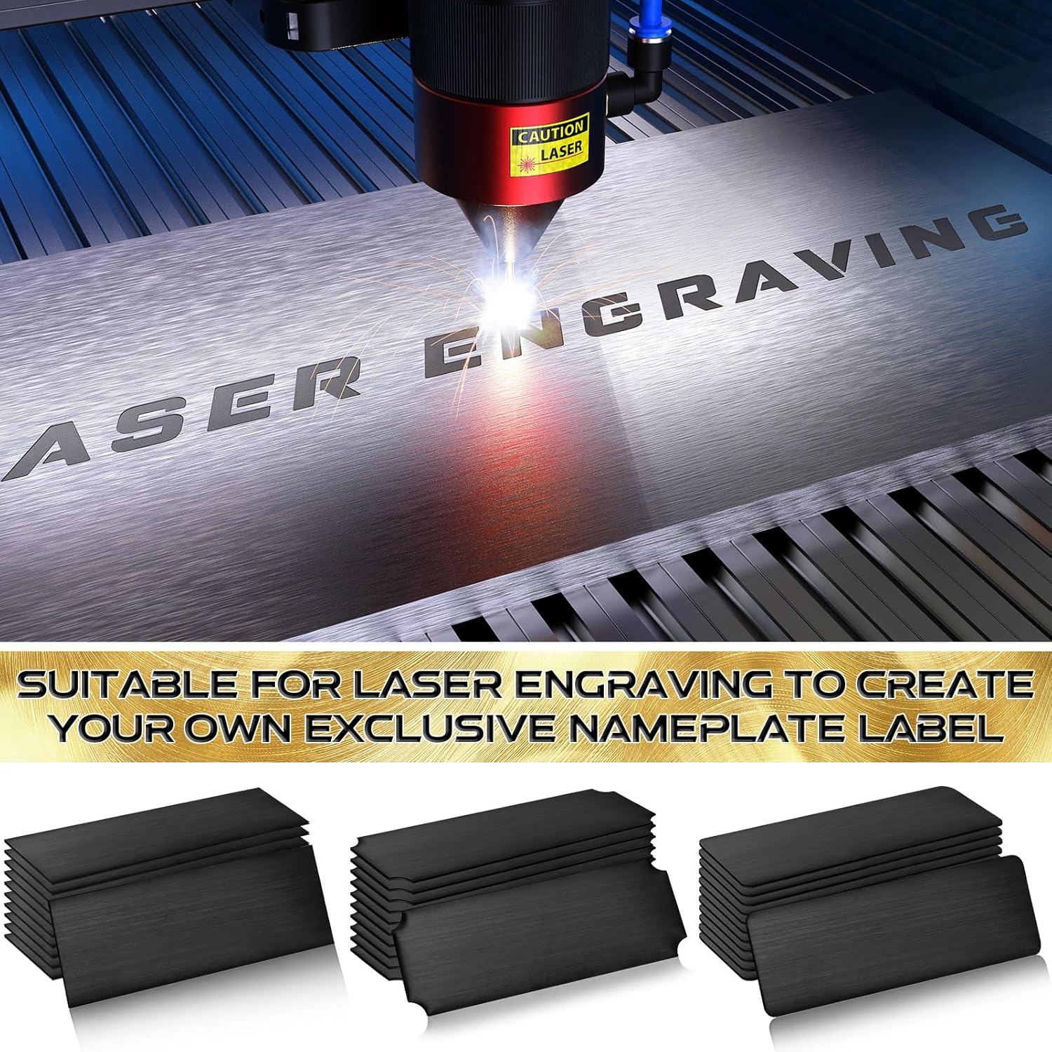 Therwen 30 Pcs Name Plates Laser Engraved Brushed Stainless Steel Plate Personalized Plaque Blank Custom Name Tag Frame Label with Adhesive Backing(Black,1''x 3'',Multi Shape) - Image 4