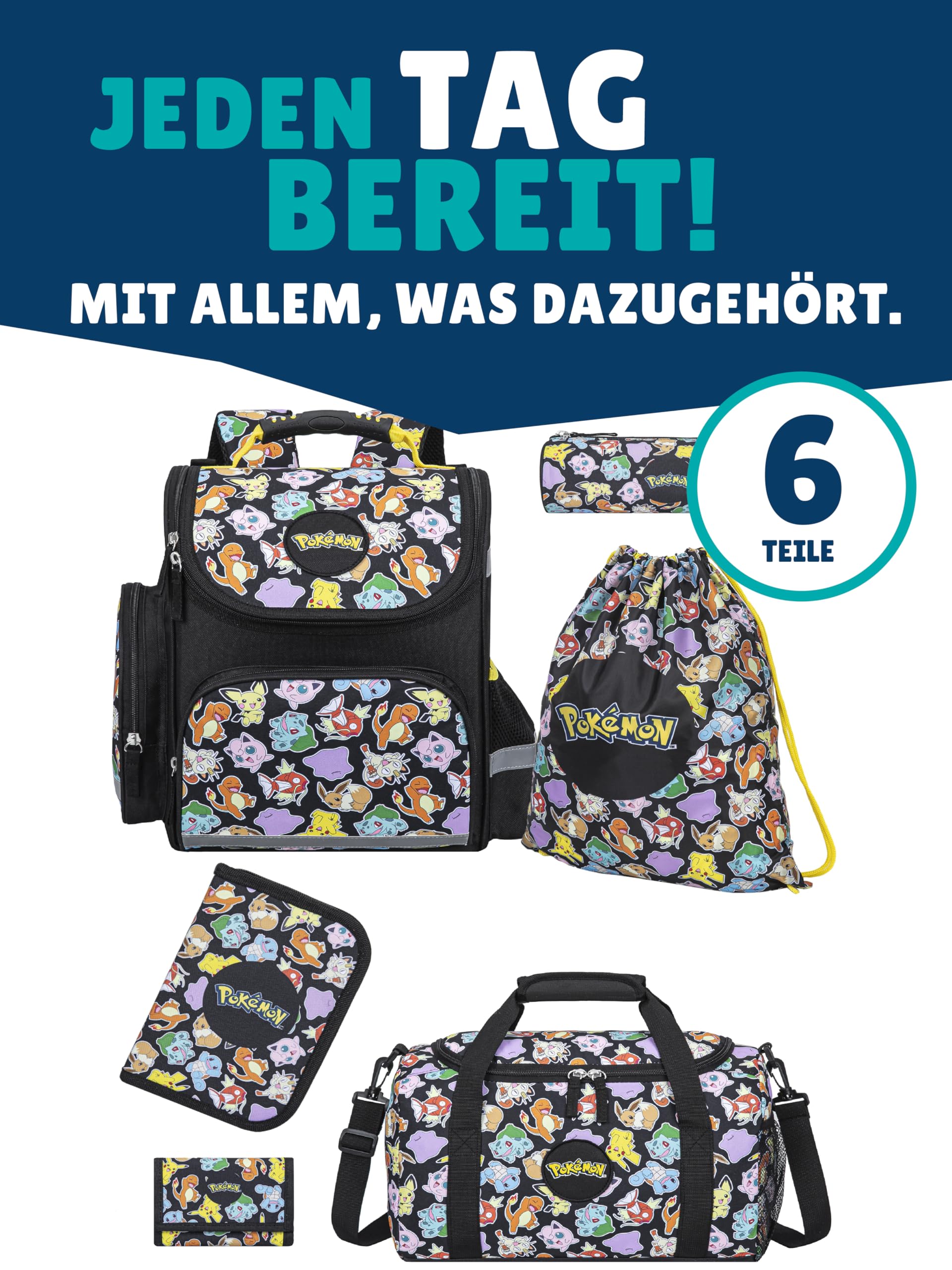 Familando - Schulranzen Set - 6-teilig mit Sporttasche - Pokémon (Pikachu Motiv) - Ergonomisch, stabil & mit gepolstertem Rücken - 1010g leicht - 18L Volumen - Mit Reflektoren - ab 1. Klasse