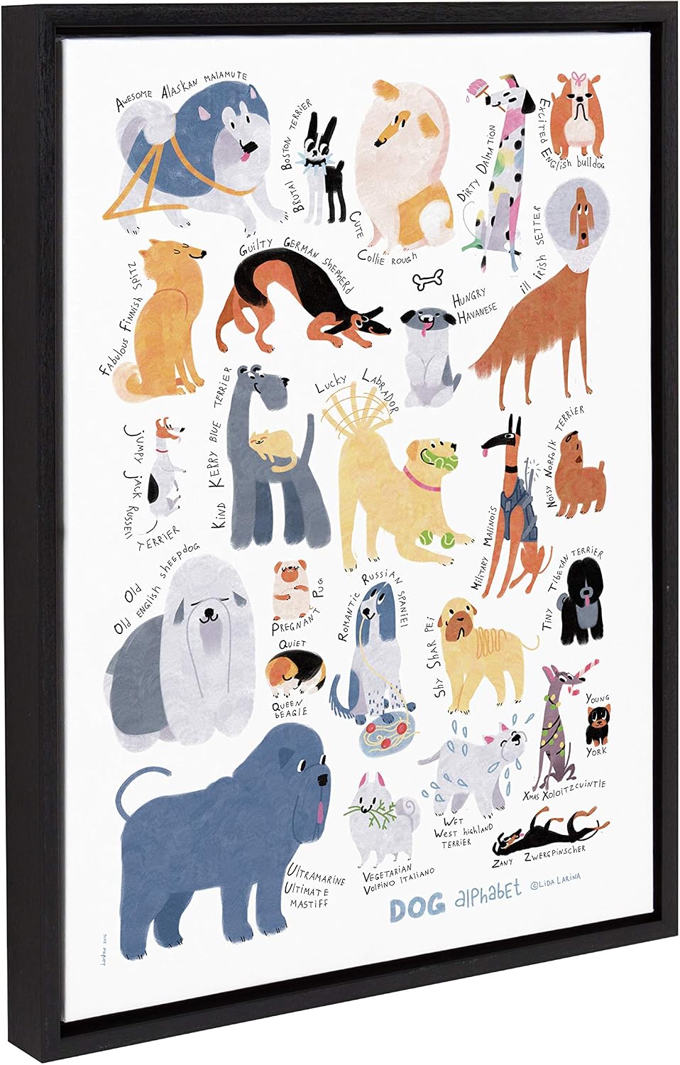Kate and Laurel Sylvie Dog Alphabet Art Framed Canvas Wall Decor by LIDA Larina, 18x24 Black
