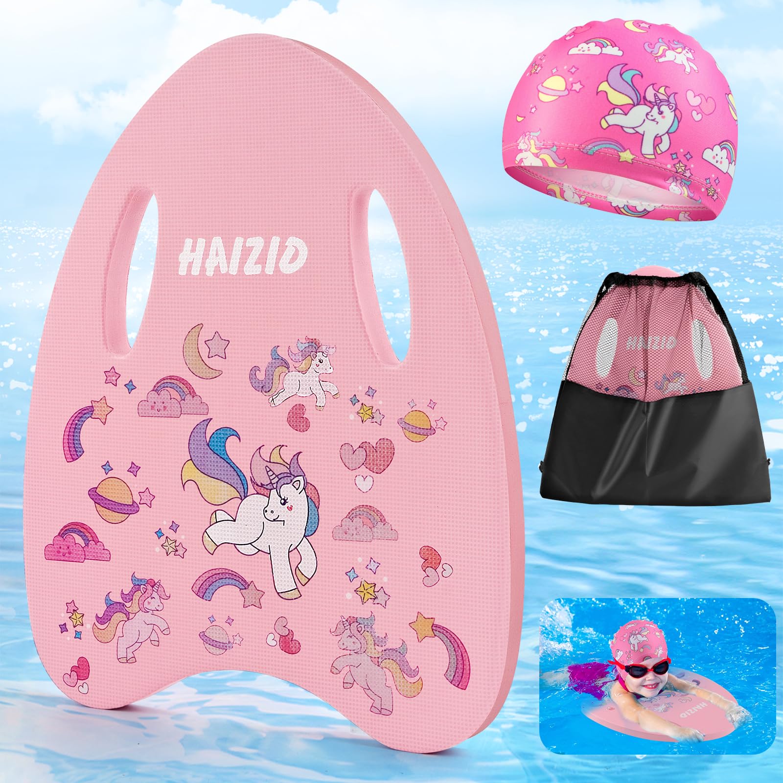 WuGU Tabla de Natación para Niños, Ayuda de Natación para Niñas, niños y Adultos, Tabla de Flotador de Entrenamiento de Espuma con Asas, para Principiantes de Entrenamiento de Natación (Rosa)