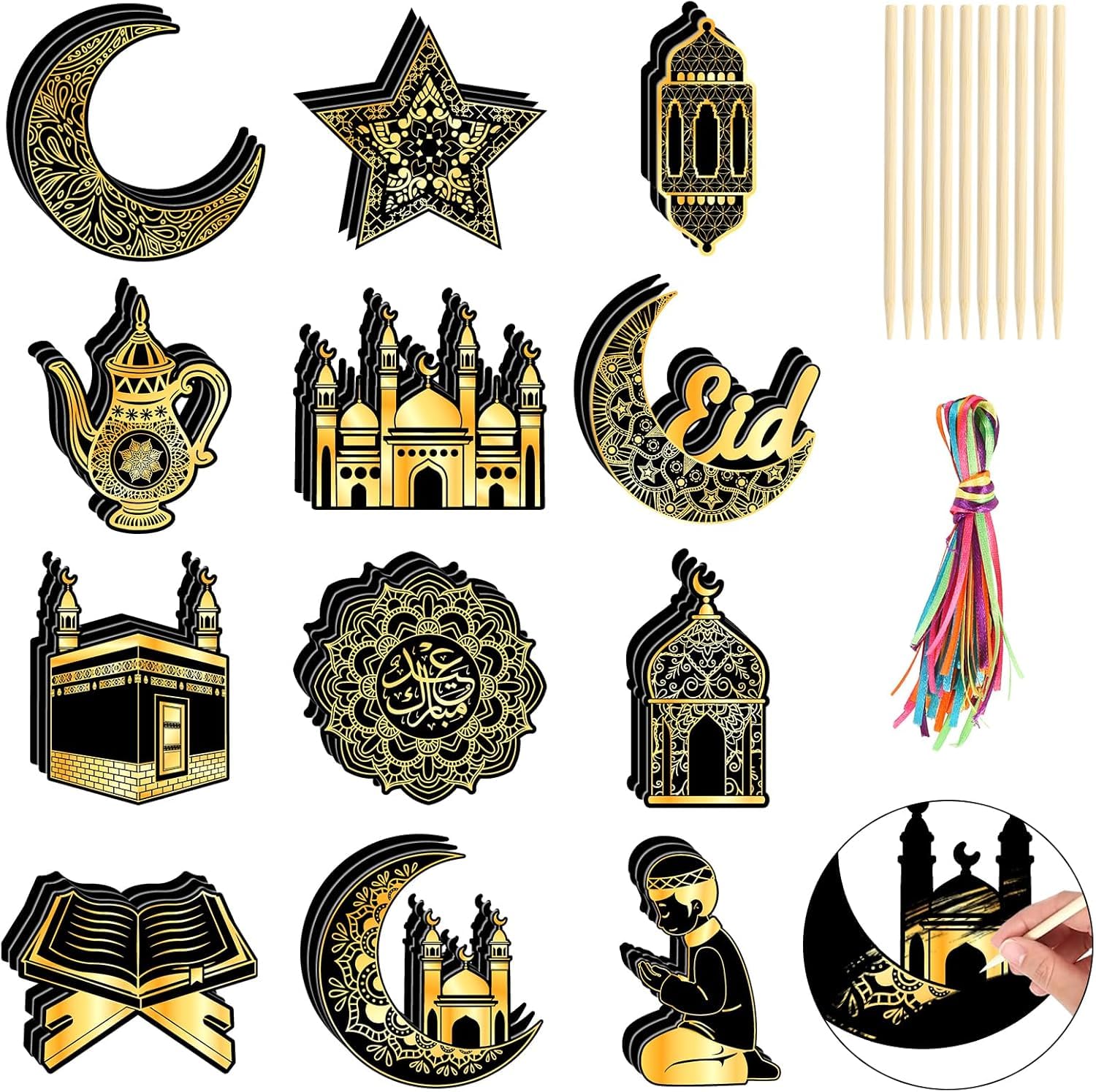 HOWAF 36pcs Eid Mubarak Scratch Cards Art Kit, Eid Gift Scratch Off Hanging Card for Eid Holiday Activity School DIY Drawing Project Supplies, Eid