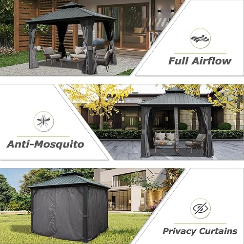 Miniatura 4 de Domi 10' x 10' Hardtop Gazebo Outdoor Metal Gazebo with Galvanized Steel Double Roof Canopy, Curtains and Netting for Patio, Backyard, Deck, Lawn