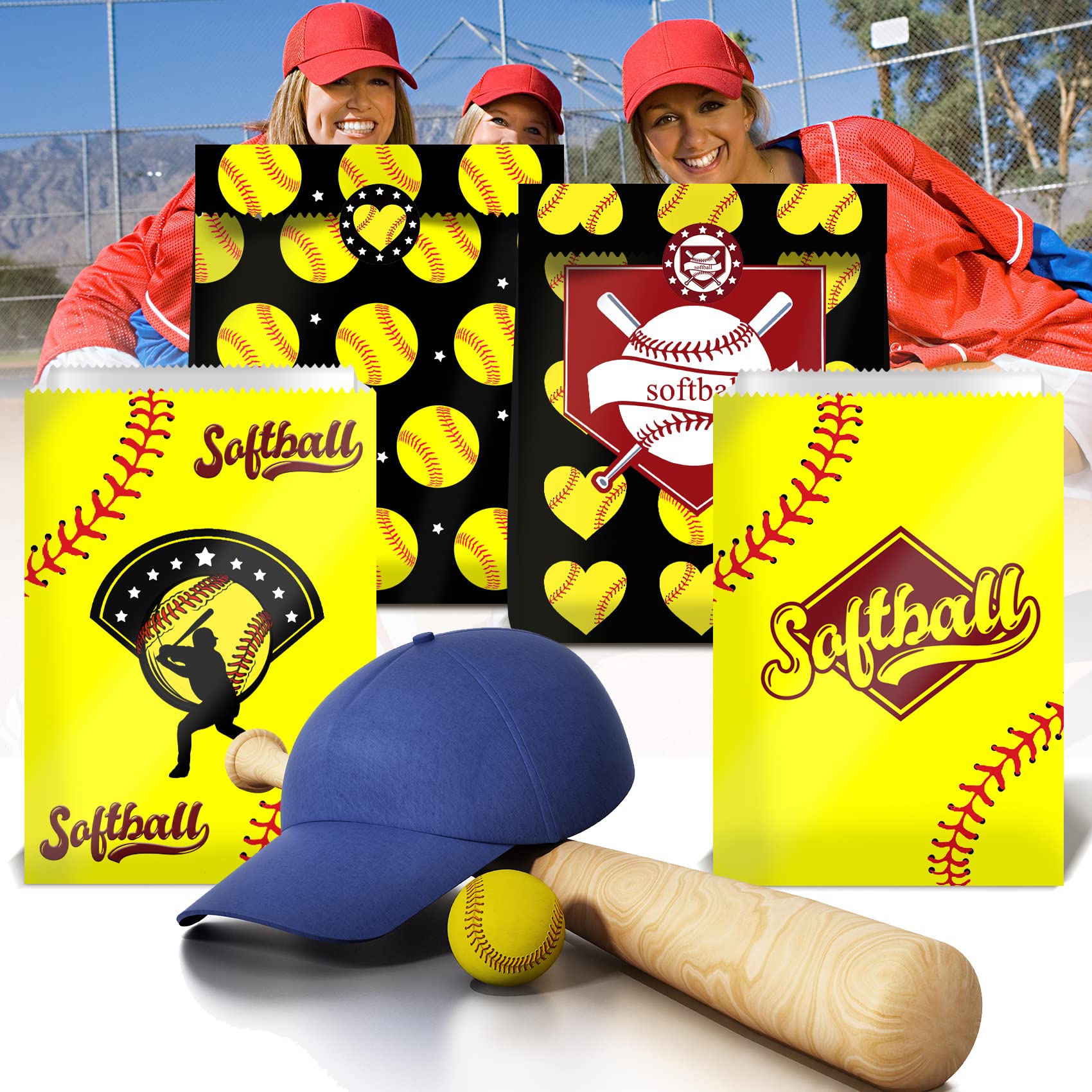 BQK 24 PCS Softball Gift Bags Softball Goodie Bags Softball Treat Bags for Softball Birthday Party Supplies Softball Snack Bags for Girls Team Boys Kids