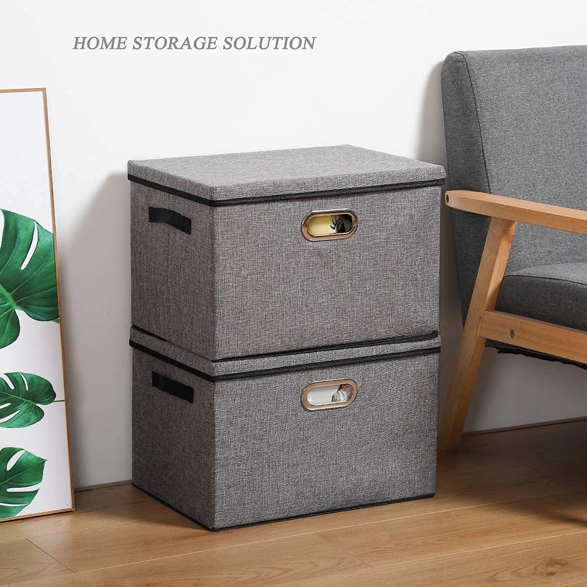 Seckon Foldable Storage Box with Lid [2-Pack] Linen Decorative Storage Bin Organizer with Lids - Home, Office Storage Containers with Removable Cover, Gray