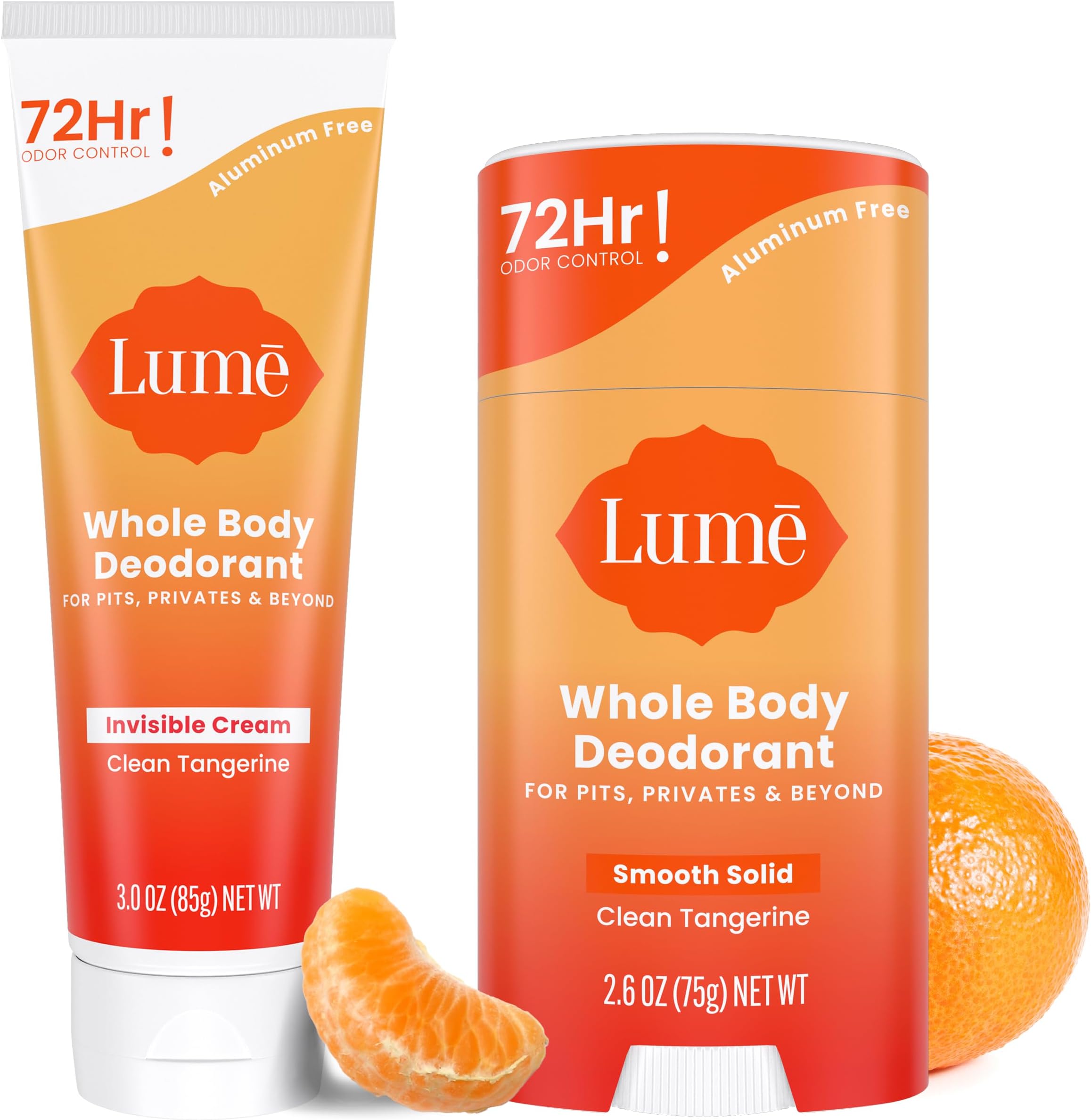 Whole Body Deodorant - Invisible Cream Tube and Solid Stick - 72 Hour Odor Control - Aluminum Free, Baking Soda Free, Skin Safe - 3.0 Ounce Tube and 2.6 Ounce Solid Stick Bundle (Clean Tangerine)