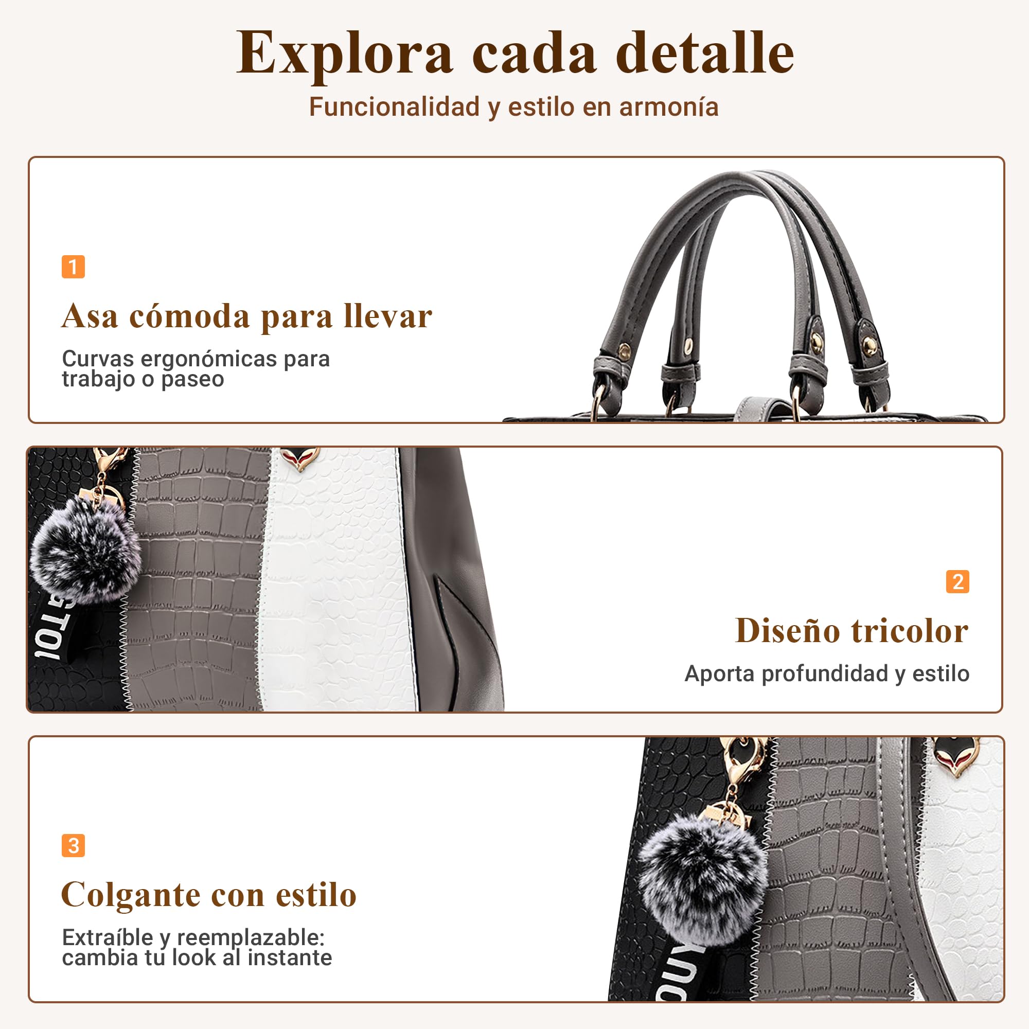 DIRRONA Bolso de Mano Mujer – Bolso en Piel PU con Diseño Color Block Tricolor y Colgante de Pompon, Tote de Hombro y Bandolera para Trabajo, Viajes y Uso Diario Gris Moderno