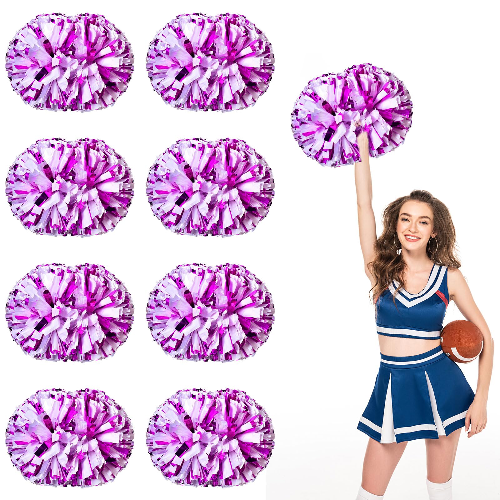 Pompon da cheerleading, 8 pezzi con manico, perfetti per tifo di squadra, giochi di spirito,Pompon resistenti per eventi (Rosa rossa + bianco)