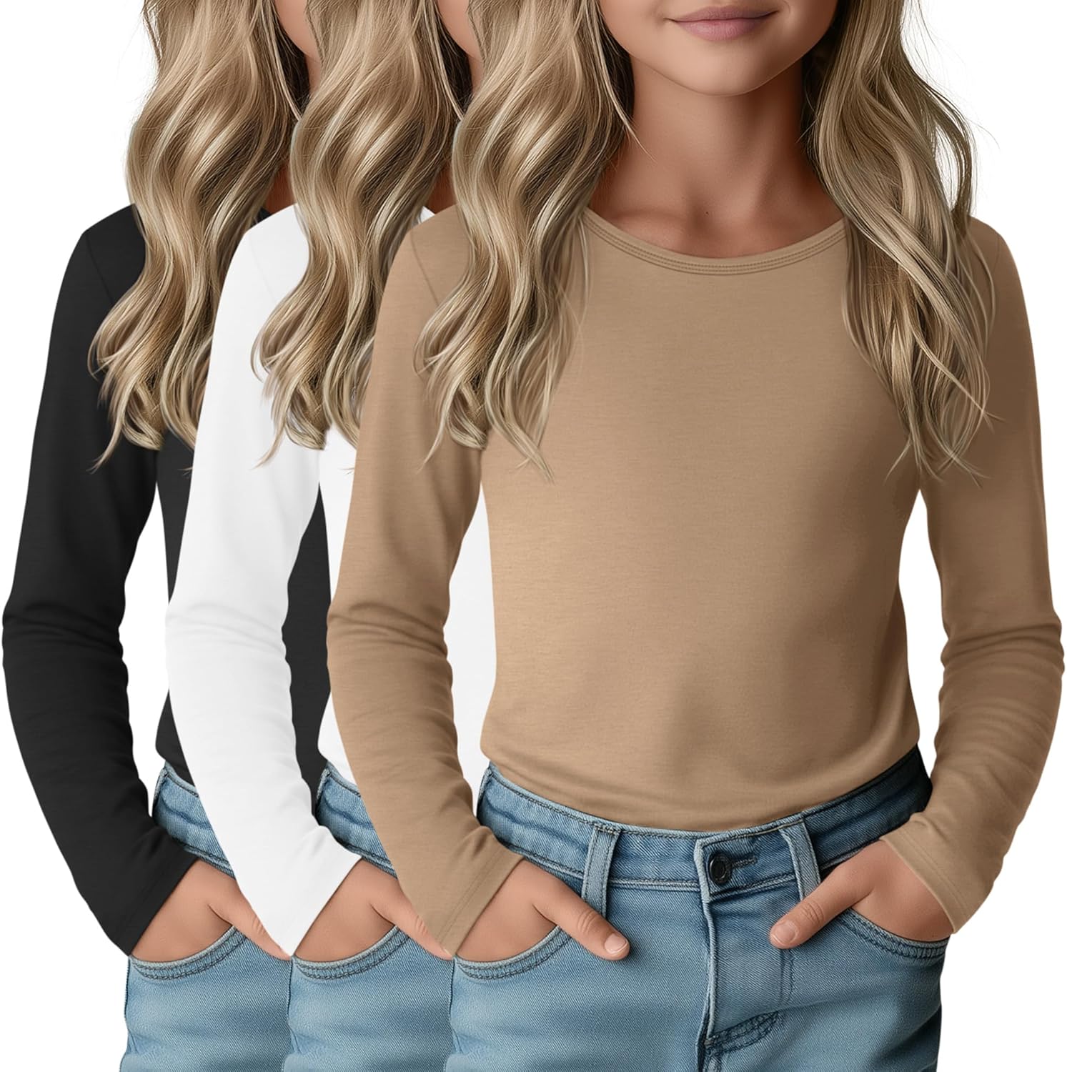3 Pack Girls Long Sleeve Shirts Casual Crewneck T-Shirts Soft Layering Basic Tees Undershirts Fall Tops