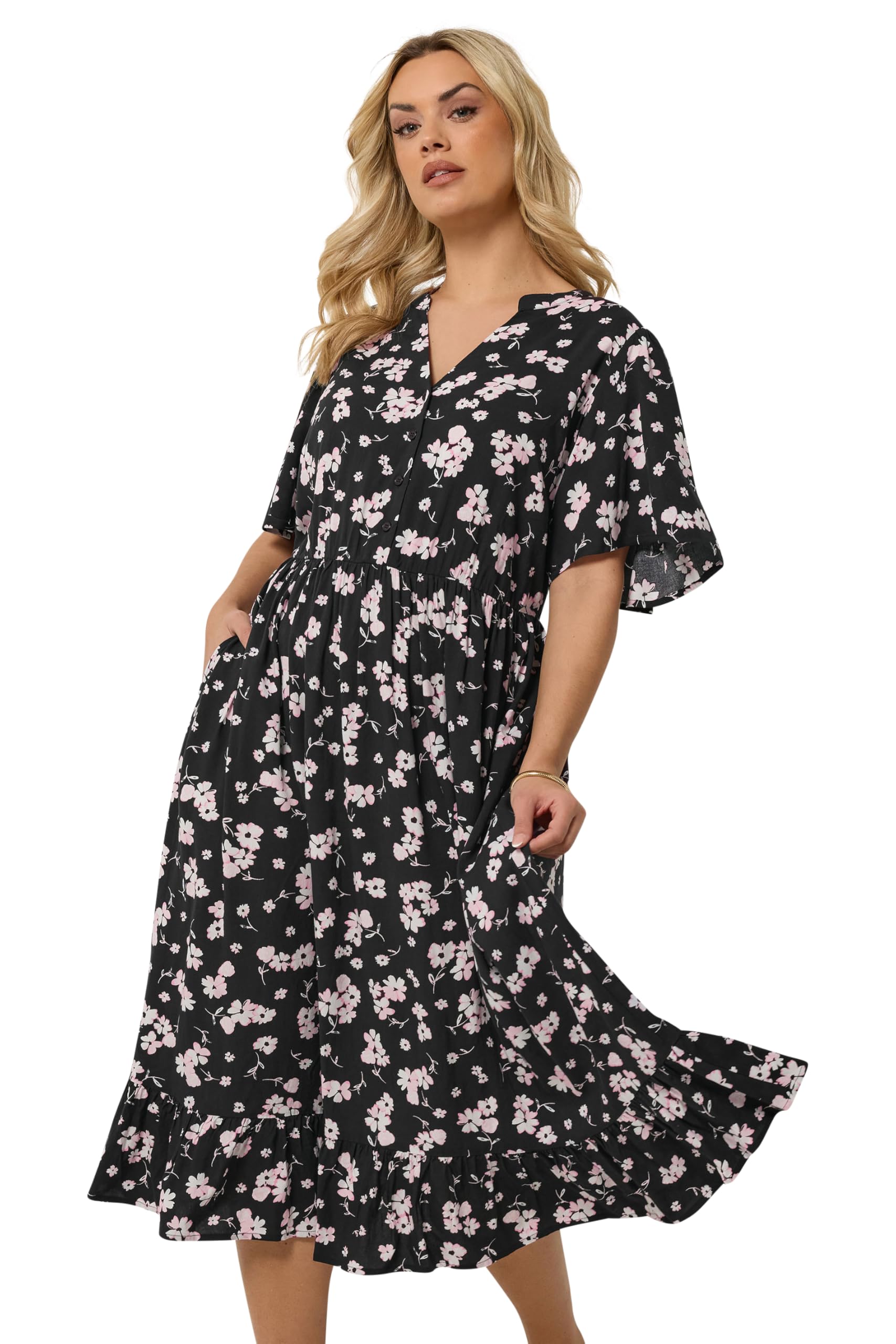 Yours Curve Ditsy Half Placket Midi Dress - Women's - Plus Size Curve Black