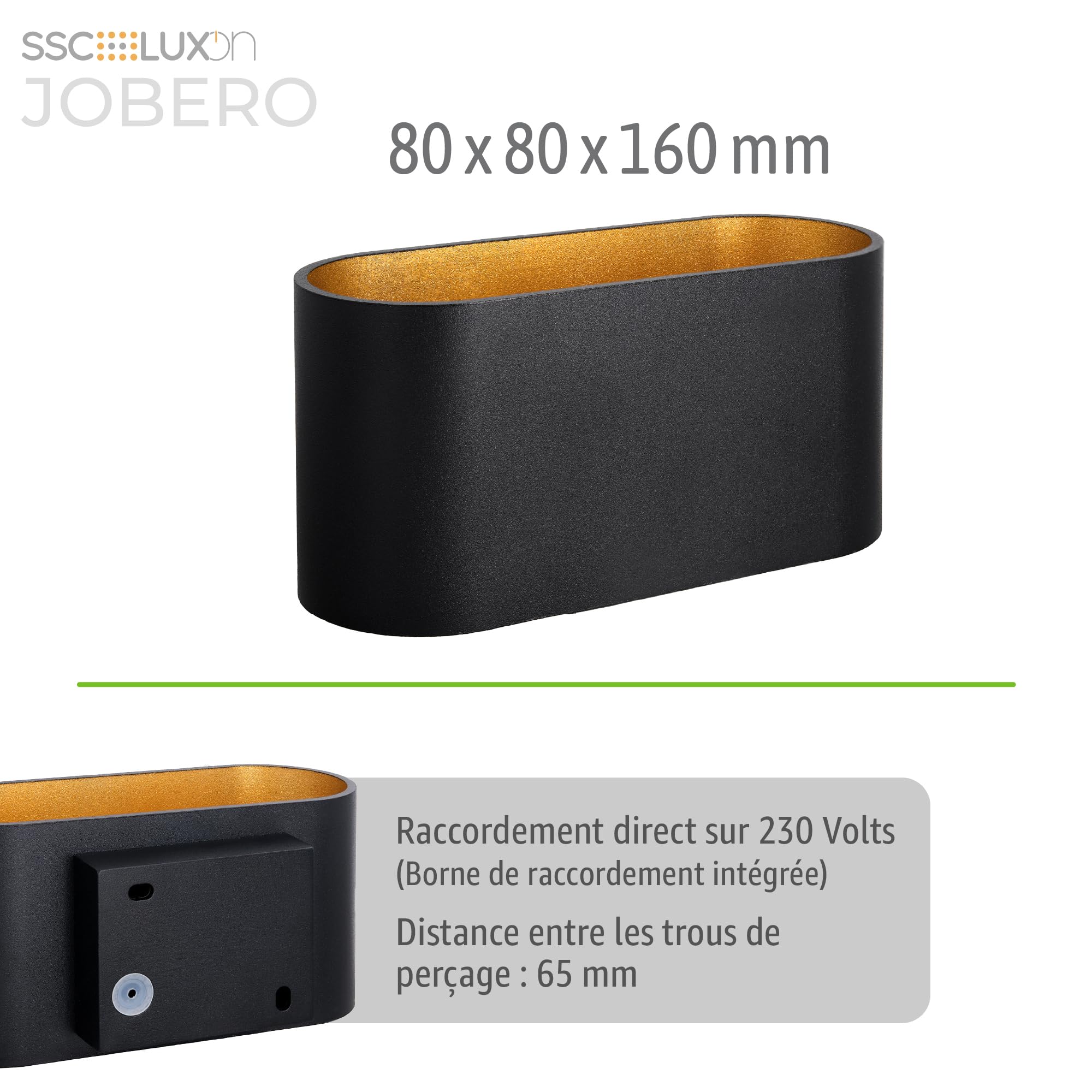 SSC-LUXon JOBERO – Lot de 2 appliques murales intérieures noir or | luminaire mural design avec faisceau LED Up & Down | lampe murale moderne G9 pour salon, chambre, escalier
