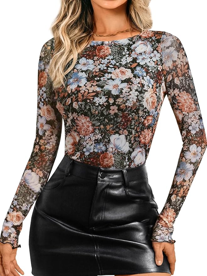 LILLUSORY Boat Neck Double-Layer Lace Long Sleeve Sheer Floral Mesh Going Out Tops Fall Fashion Outfits 2025