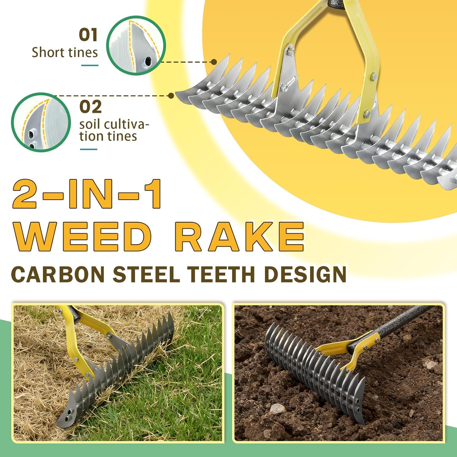 Dual-Action Dethatcher Rake - 19-Tine, Heavy Duty Landscaping Rake, Adjustable Thatch Rake with 40-70 inch, Metal Rake, Turf Rake for Artificial Grass, Cleaning Dead Grass, Soil Loosening & Yard Care