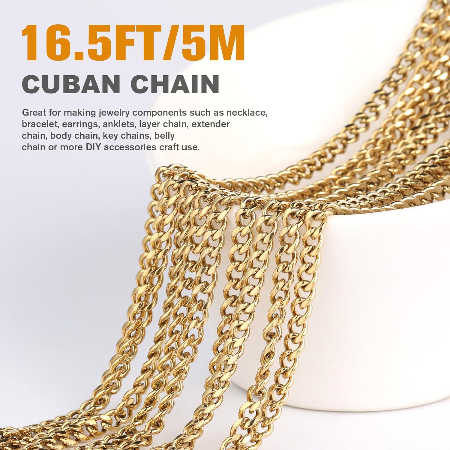 16.5FT Gold Cuban Chains 4mm Stainless Steel Curb Chain for Jewelry Making | 18K Gold Plated Chunky Jewelry Link Chain Roll Bulk for Necklace Bracelet Crafts