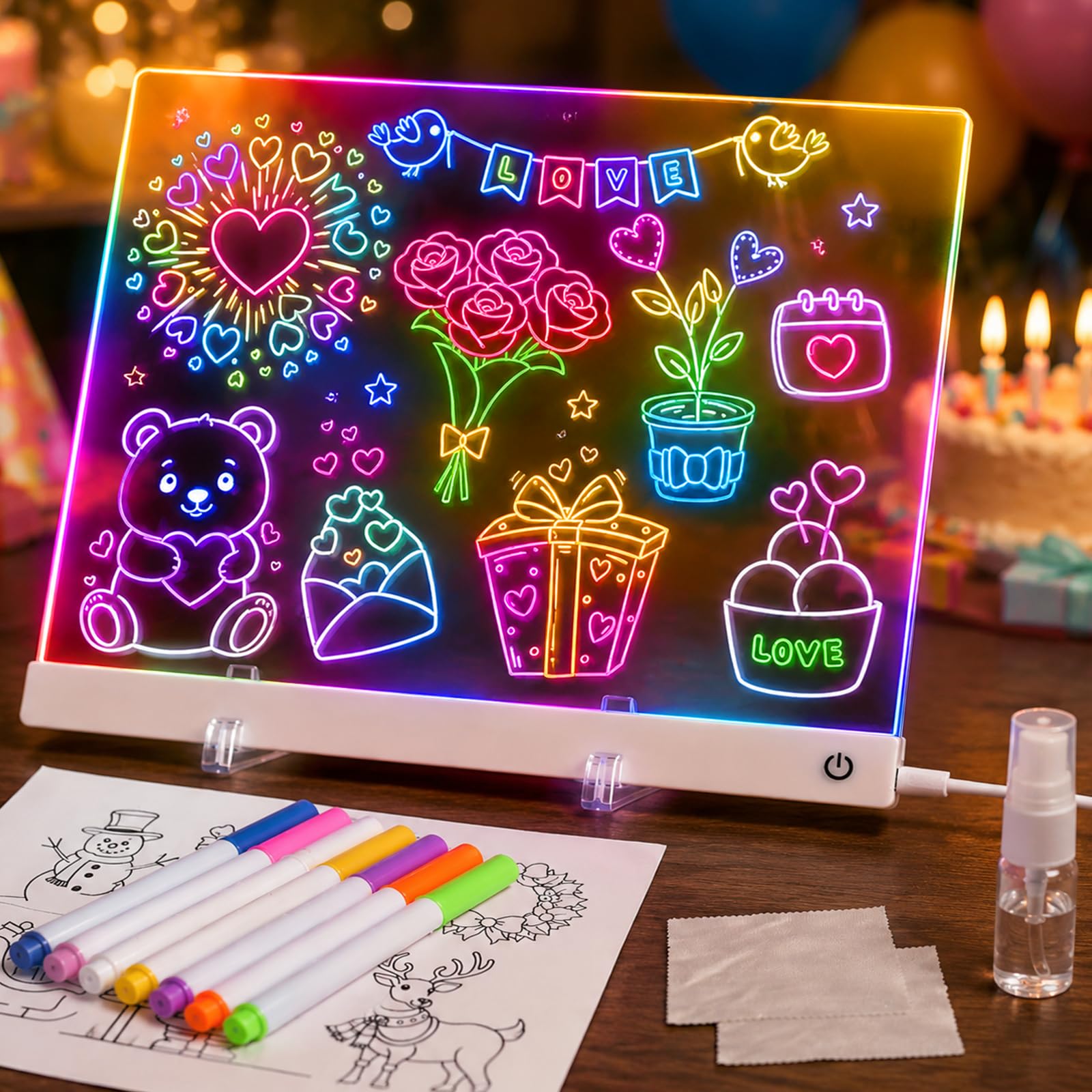 LED Zeichenbrett Kinder 35x25cm, Acryl LED Maltafel mit 13 Farben & 6 Modi, Leuchtzeichentafel mit 7 Bunte Marker & Pausheft, Kreatives Geschenk für Mädchen Jungen