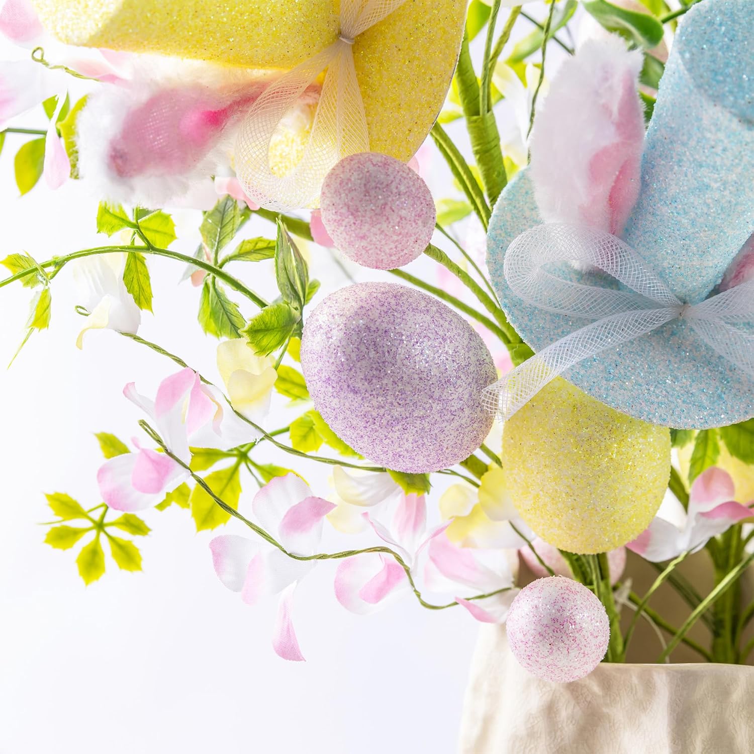 Glitzhome Easter Gifts Set of 2 Artificial Glitter Egg & Top Hat Picks 28" Easter Decorations for Home Table Vase Party Decor