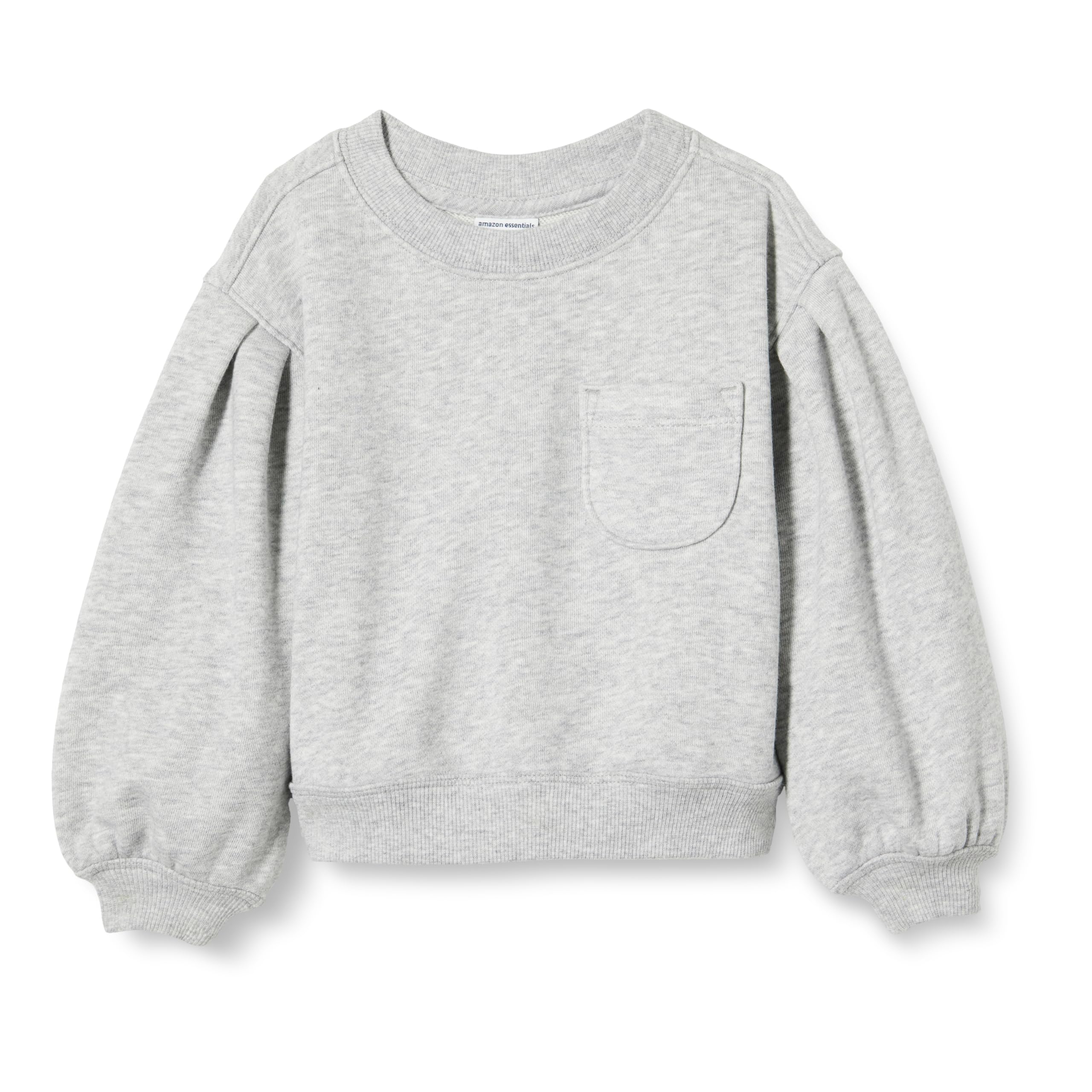 Amazon Essentials Girls' Gathered Sleeve Sweatshirt with Pocket, Light Grey Heather, Large