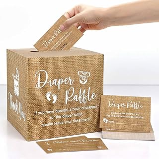 51Pcs Burlap Print Diaper Raffle Tickets with Box Baby Shower Games, Neutral Kraft Diaper Raffle Cards Box Baby Shower Decorations for Boy Girl
