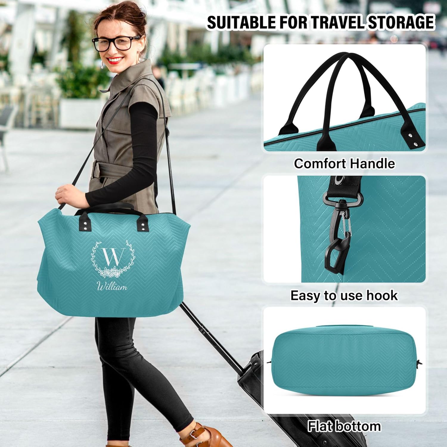 Teal Blue Custom Travel Duffel Bag with Toiletry Bag Personalized Weekender Bag for Travel Business Sports Large Gym Carry On Bag for Women & Men