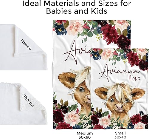 Miniatura 5 de MDPrints - Mantas de bebé personalizadas de vaca para niñas, regalos personalizados para bebés, manta personalizada para recién nacidos con nombre,