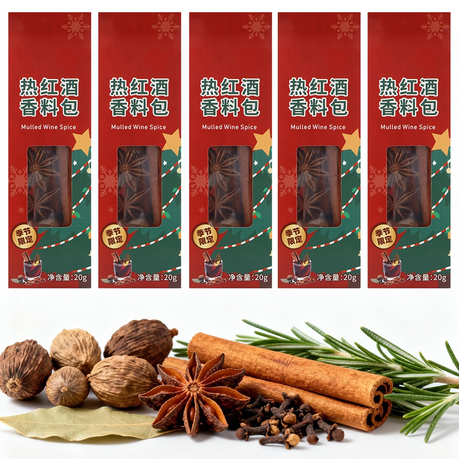 Kit de Especias para Vino Caliente con Canela, Naranjas Secas, Clavo y Anís Estrellado, para Sidra de Manzana, Vino Caliente, Glühwein y Bebida Navideña Hot Toddy. 5 Paquetes.