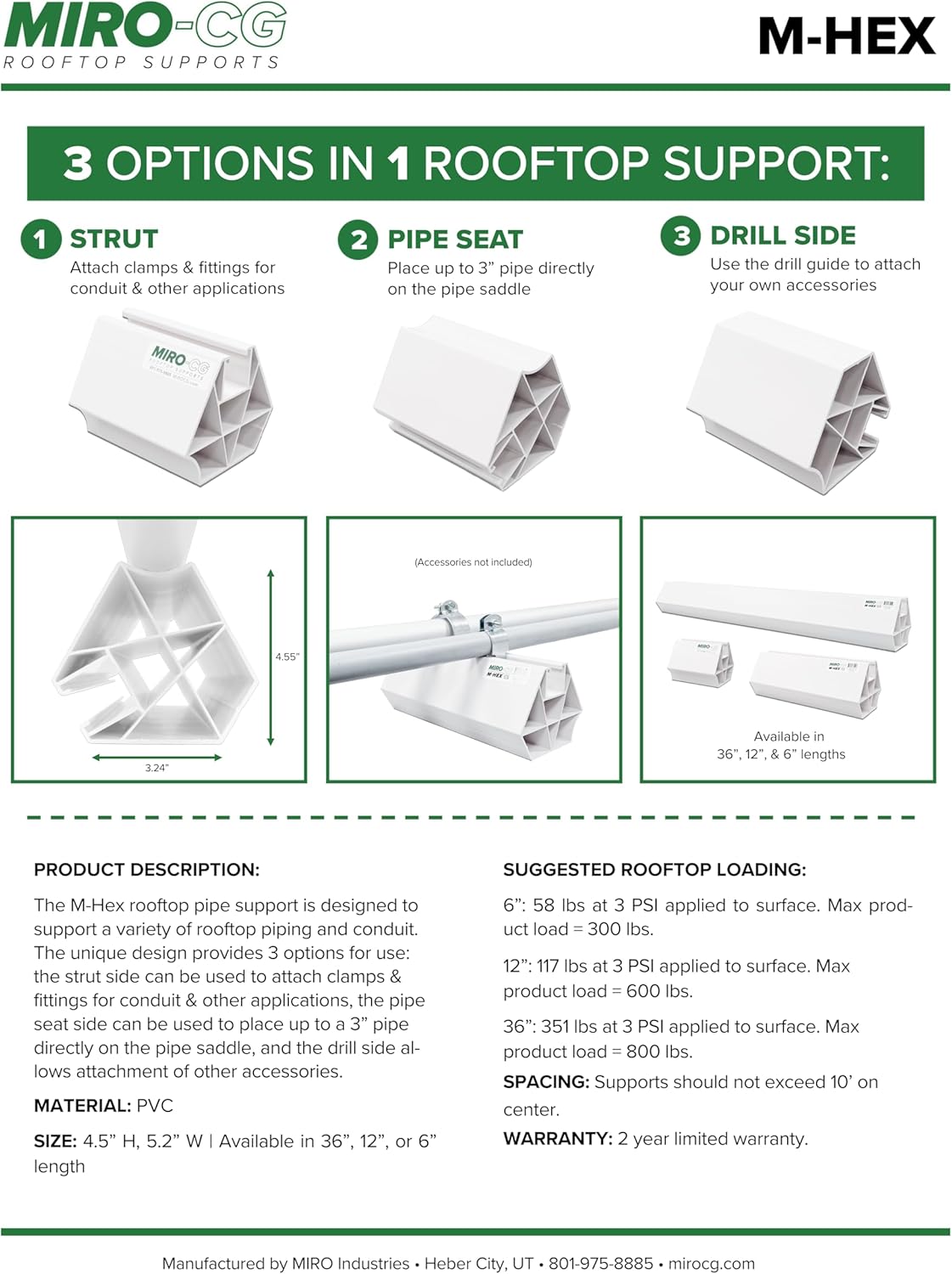 4-Pack M-Hex 6" Rooftop Pipe Supports with Strut - for Electrical Conduit & Other Piping on Roofs - Three Sides - Strut, Pipe Saddle, Flat (4) - Roof Blocks for Conduit