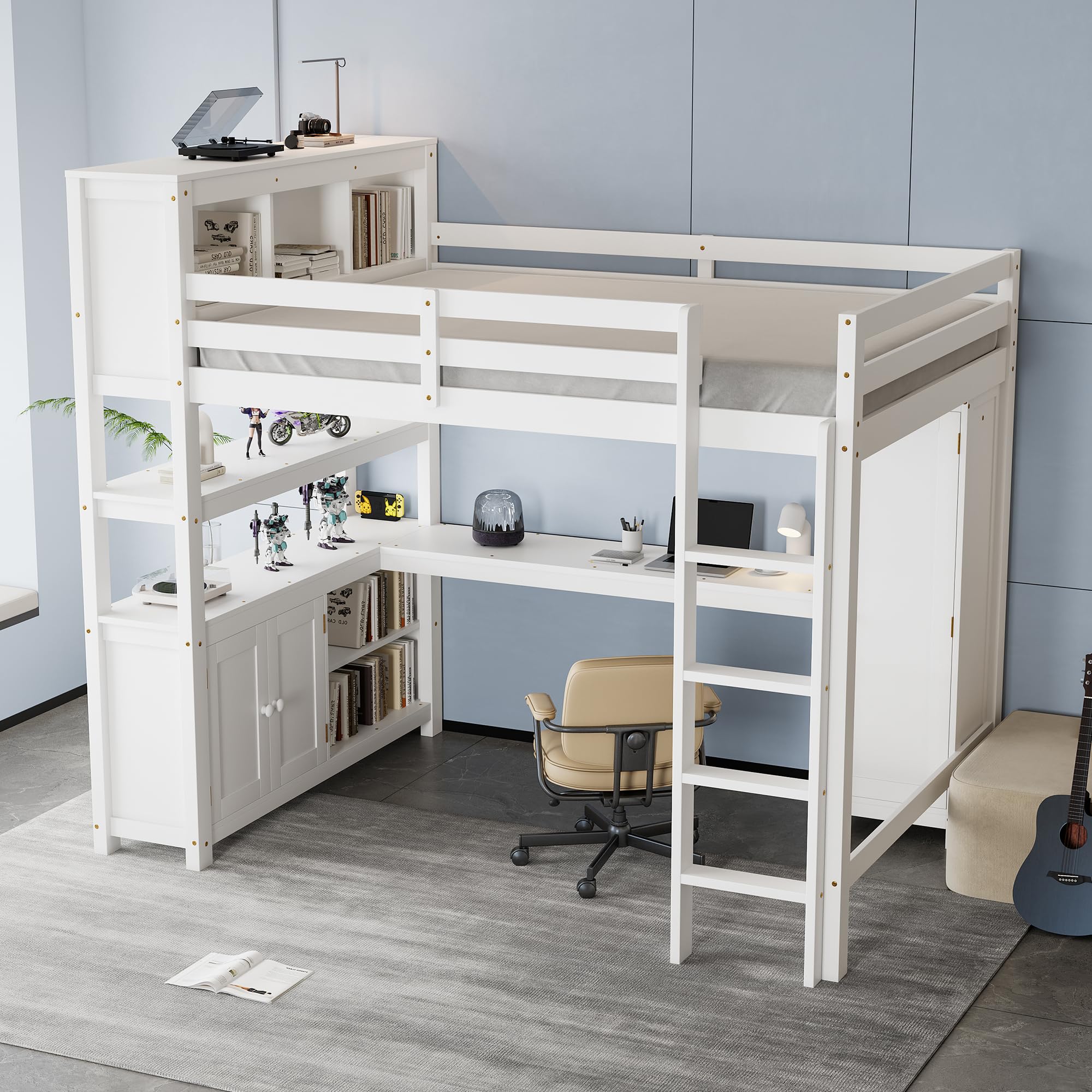 Wood Loft Bed Frames with Desk and Cabinet, Queen Size Loft Bed with Storage Shelves and Drawers White