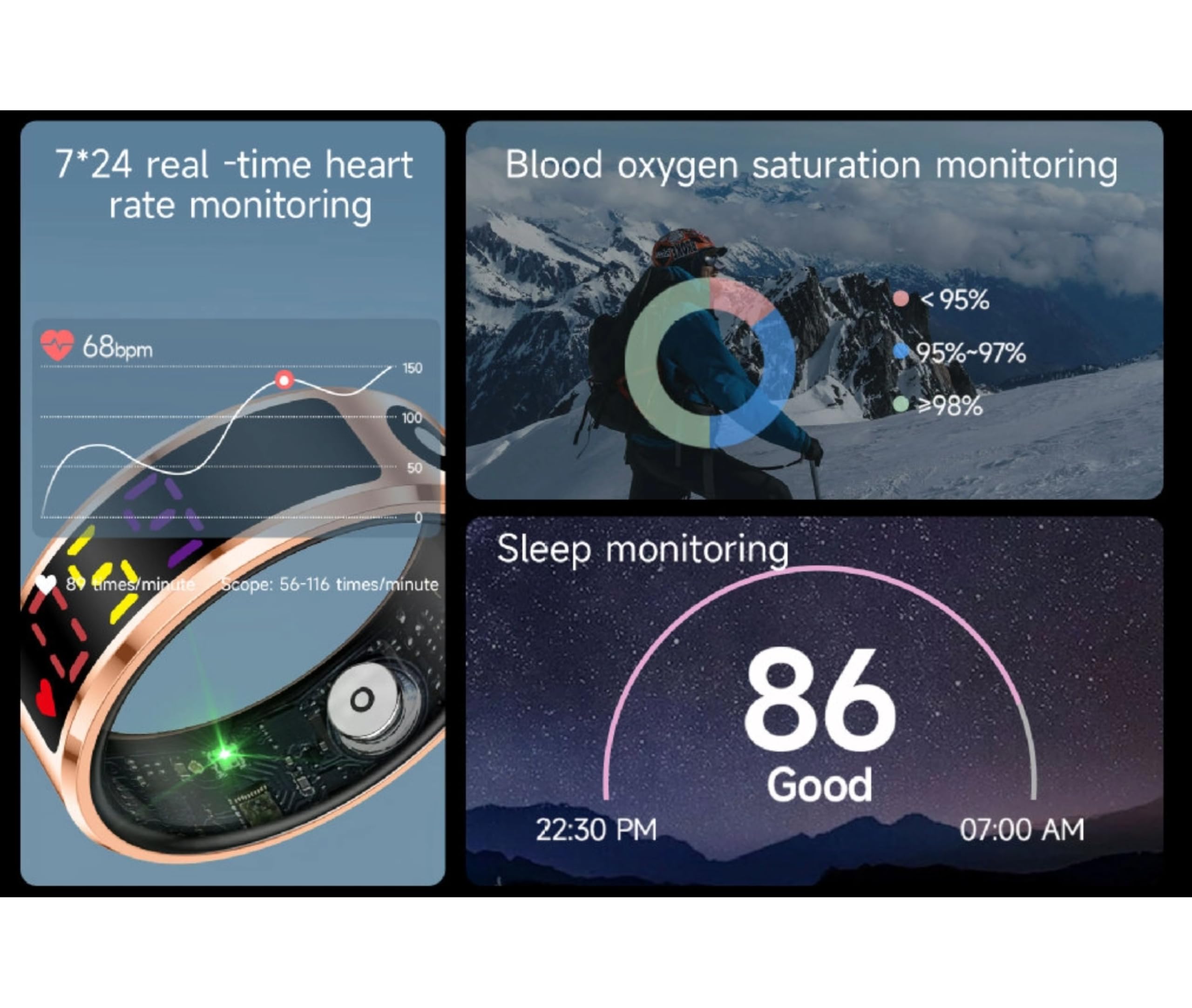 Smart Ring Health Tracker, Touch Control Fitness Ring mit Farbanzeigebildschirm, IP68 Edelstahl Smart Health Ring für die Schlafüberwachung, Telefon -App -Support (#8) (#9) (#10) (#11) (#12)
