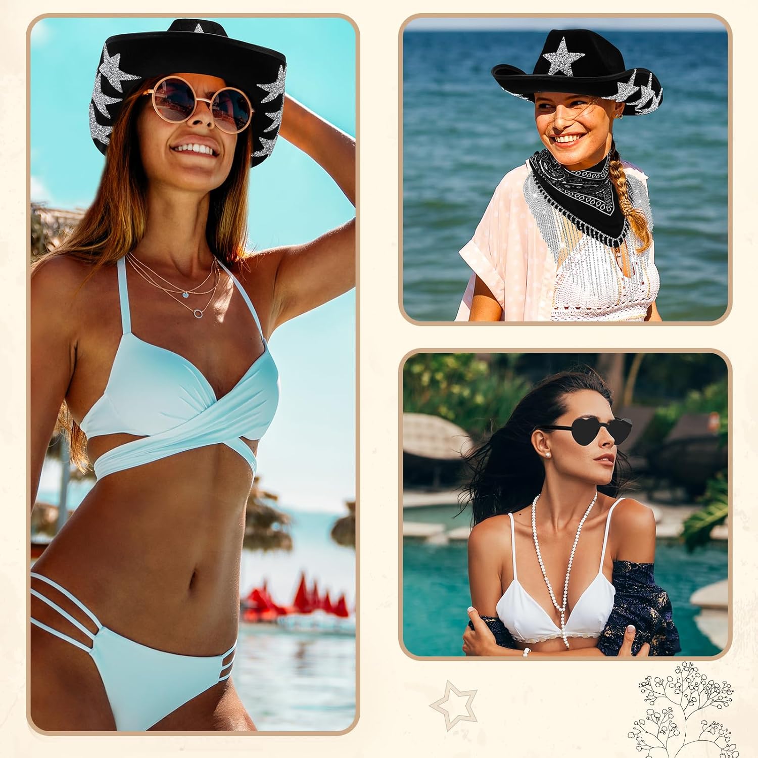 Toulite 3 Pcs Rhinestone Star Cowboy Hat Heart Shape Sunglasses Cowboy Fringe Bandanas Set for Women Men Cosplay Party - Image 4