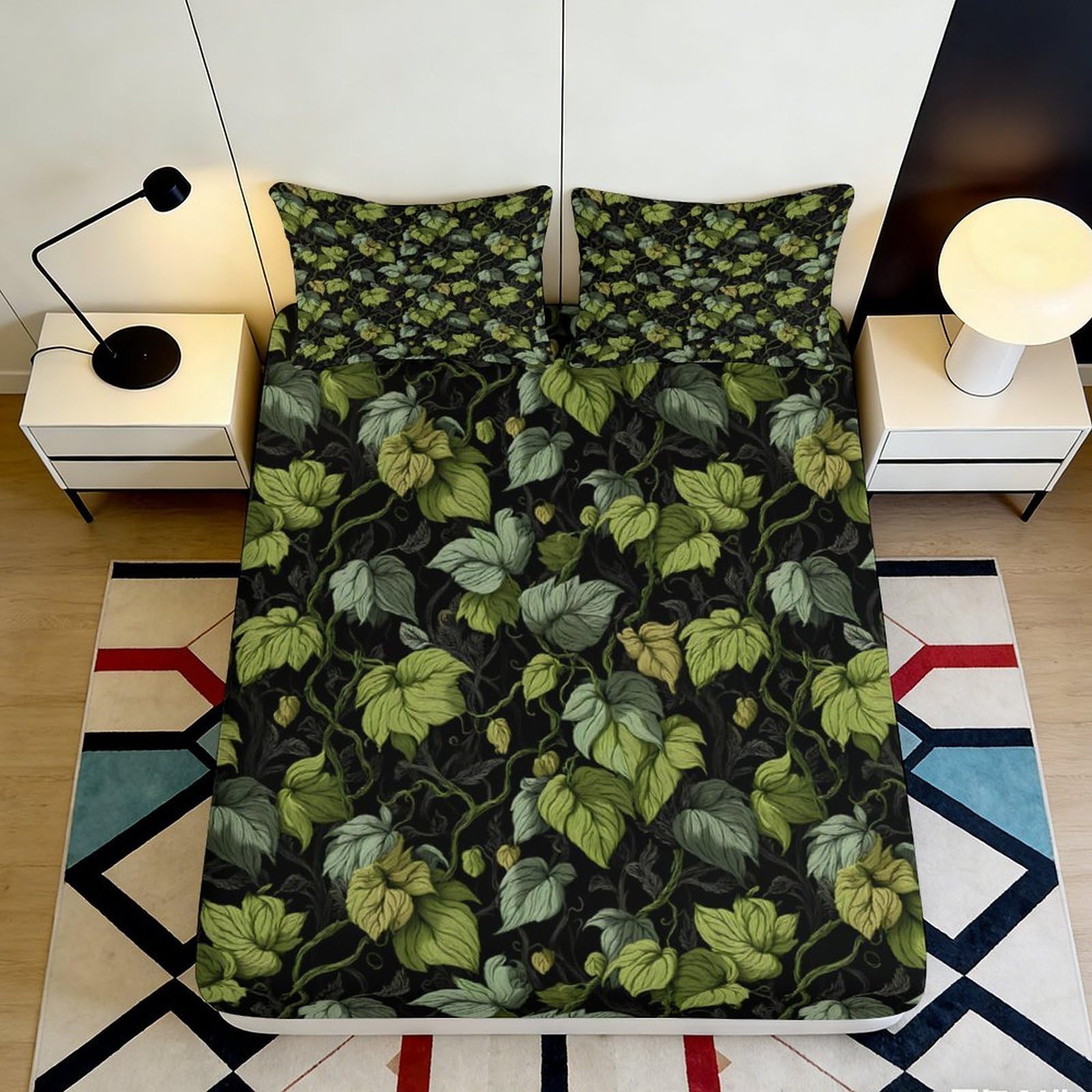 3D Printed Green Botanical Leaves Fitted Sheet Microfiber Soft Non Slip Mattress Cover for Bedroom Guest Room Decor 140x200x25cm