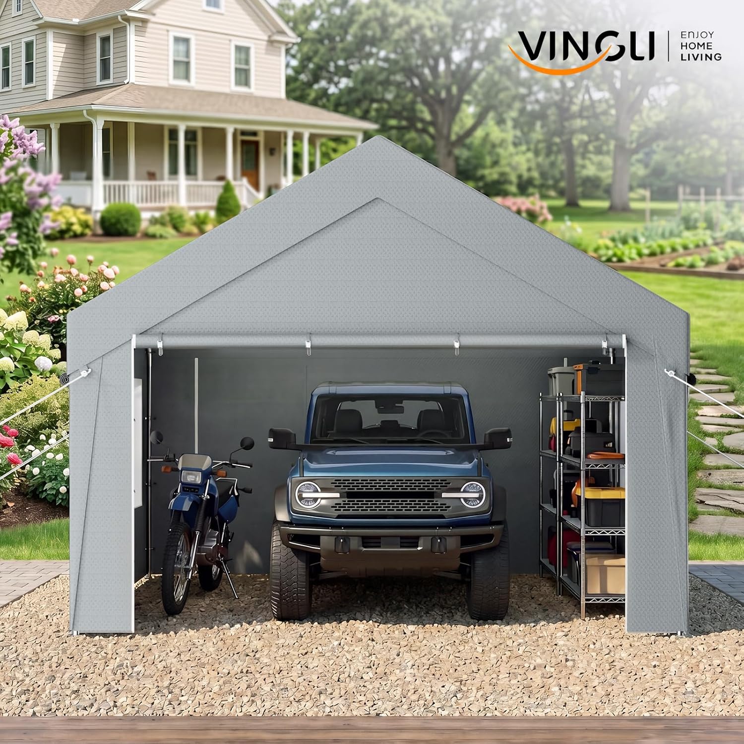 VINGLI 12x20 Heavy Duty Carport with Galvanized Steel Frame, Portable Garage with 2 Roll-up Windows & Doors, Removable Sidewalls on Car Port Canopy for Cars, Boats, Trucks, Dark Gray