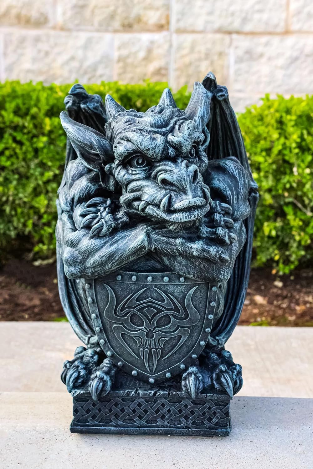 Ebros Gift Large Winged Stoic Warrior Notre Dame Gargoyle Holding Heraldry Shield On Pedestal Base Gothic Sculpture 16" H Medieval Home Garden Patio Decor Statue