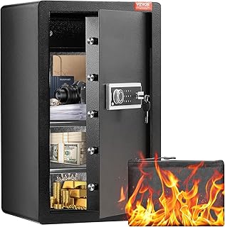 VEVOR Caja Fuerte de 113,27 L con Una Puerta, Cerradura con Llave, Contraseña, Bolsa Ignífuga, Estante para Llaves, Luz LED y 2 Divisores para Dinero, Documentos, Joyas y Objetos de Valor, Negro