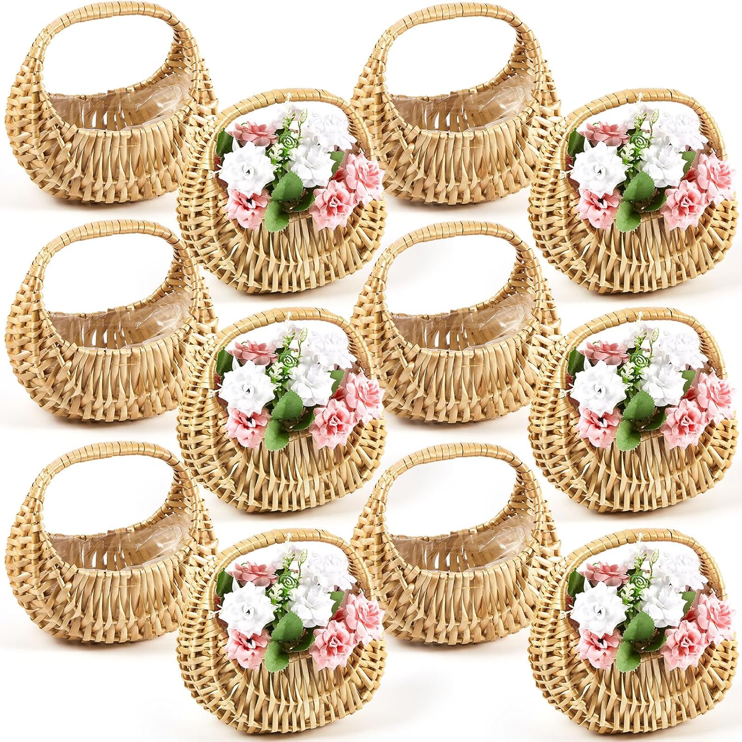 Taiyin 12 Pack Rattan Flower Girl Basket Small Half Moon Straw Wicker Basket with Handle Ideal for Wedding Flower Girl,Picnic,Garden Storage and Home Decor (Nature)