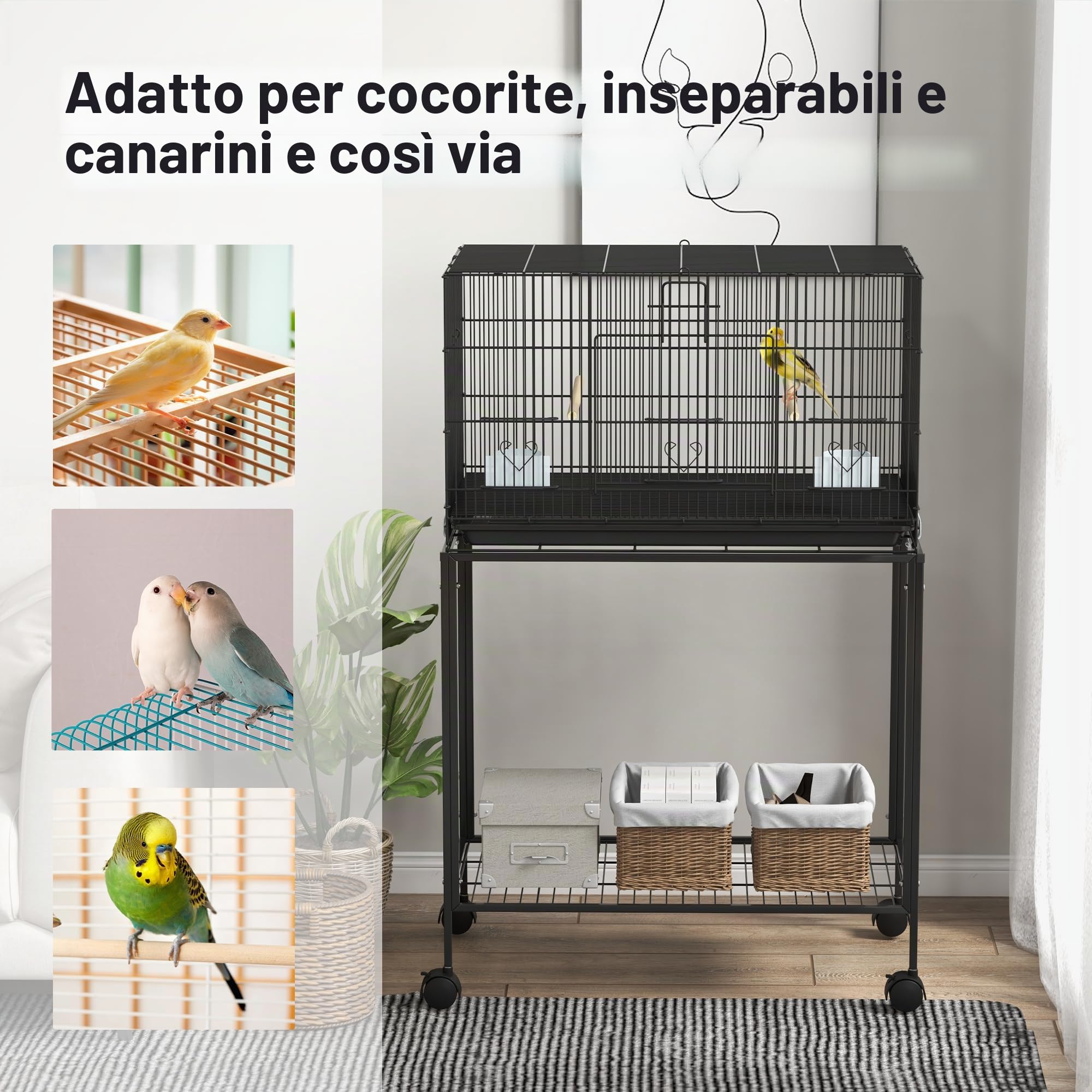 PawHut Gabbia per uccelli 77 x 46 x 119 cm Gabbia in metallo per uccelli con vassoio estraibile grucce mangiatoie per parrocchetti Canarini Nero