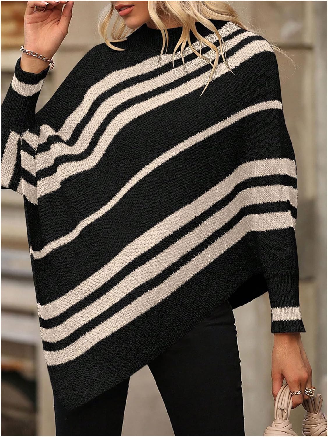 Milumia Women's Striped Mock Neck Knitted Poncho Sweater Dolman Long Sleeve Loose Tops - Image 2