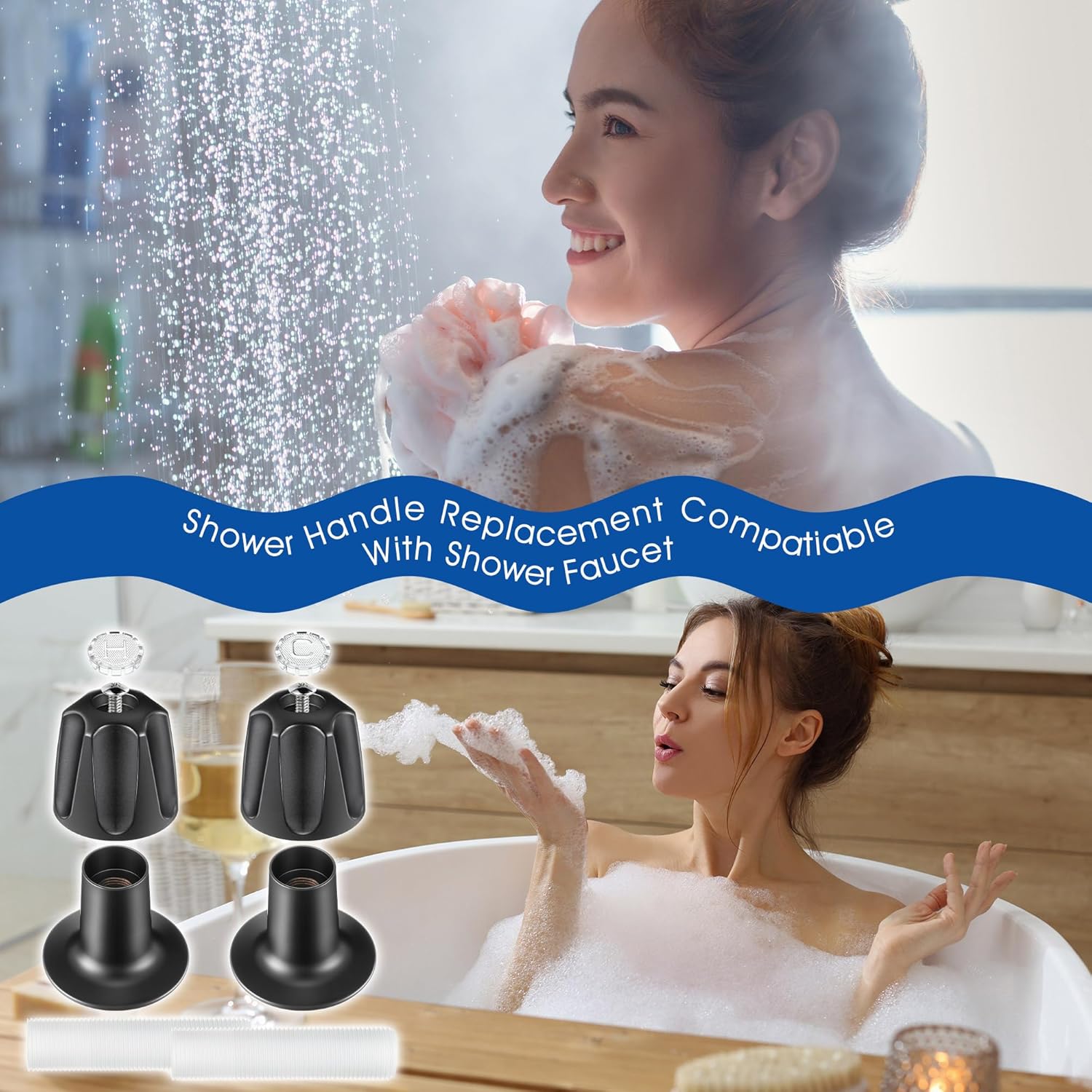 Enhon Shower Knobs 2 Piece Replacement, Compatible with Pfister Verve Tub Shower Handle Replacement, 2 Faucet Handle Trim Kit for 5-1/2 inch High, 12 Tooth Broach Stem Cartridge(Matte Black)