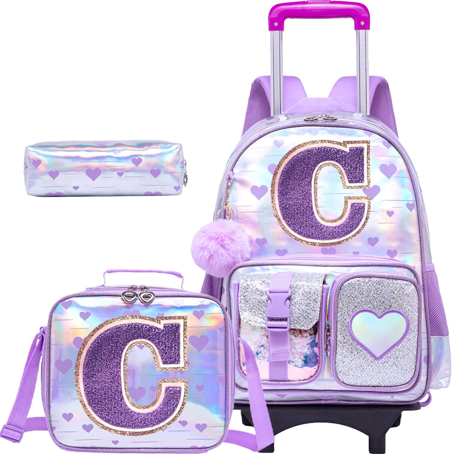 Cute Rolling Backpack with Wheel,School Backpack for Kids Girl Roller Schoolbag Wheeled Backpacks Set Carry-on Luggage,Purple S