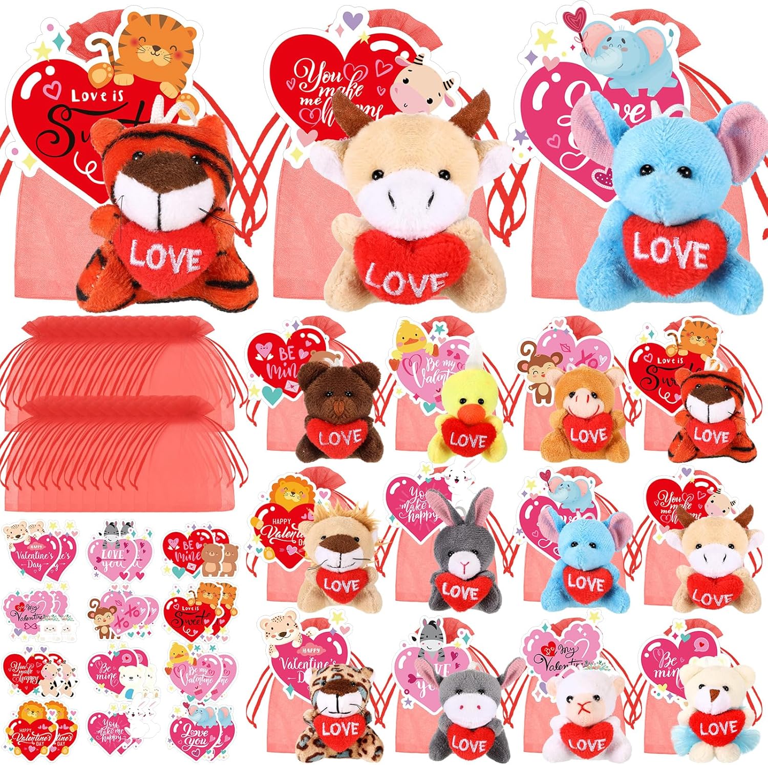 Blueweenly 24 Set Valentine's Day Classroom Gifts for Kids, Valentine Mini Stuffed Animals Plush Toy with Heart Cards and Bags for Students Exchange Gift Valentine Party Favors Goodie Bag Stuffers