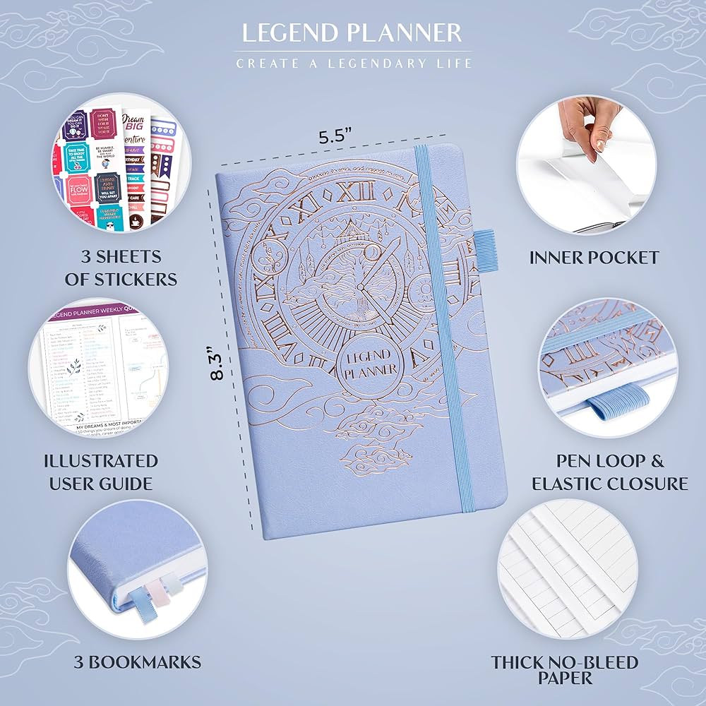 Agenda Legend Planner A5 - Planificateur Hebdomadaire Et Mensuel Non Daté - Augmente Productivité Et Objectifs - Sarcelle/Or
