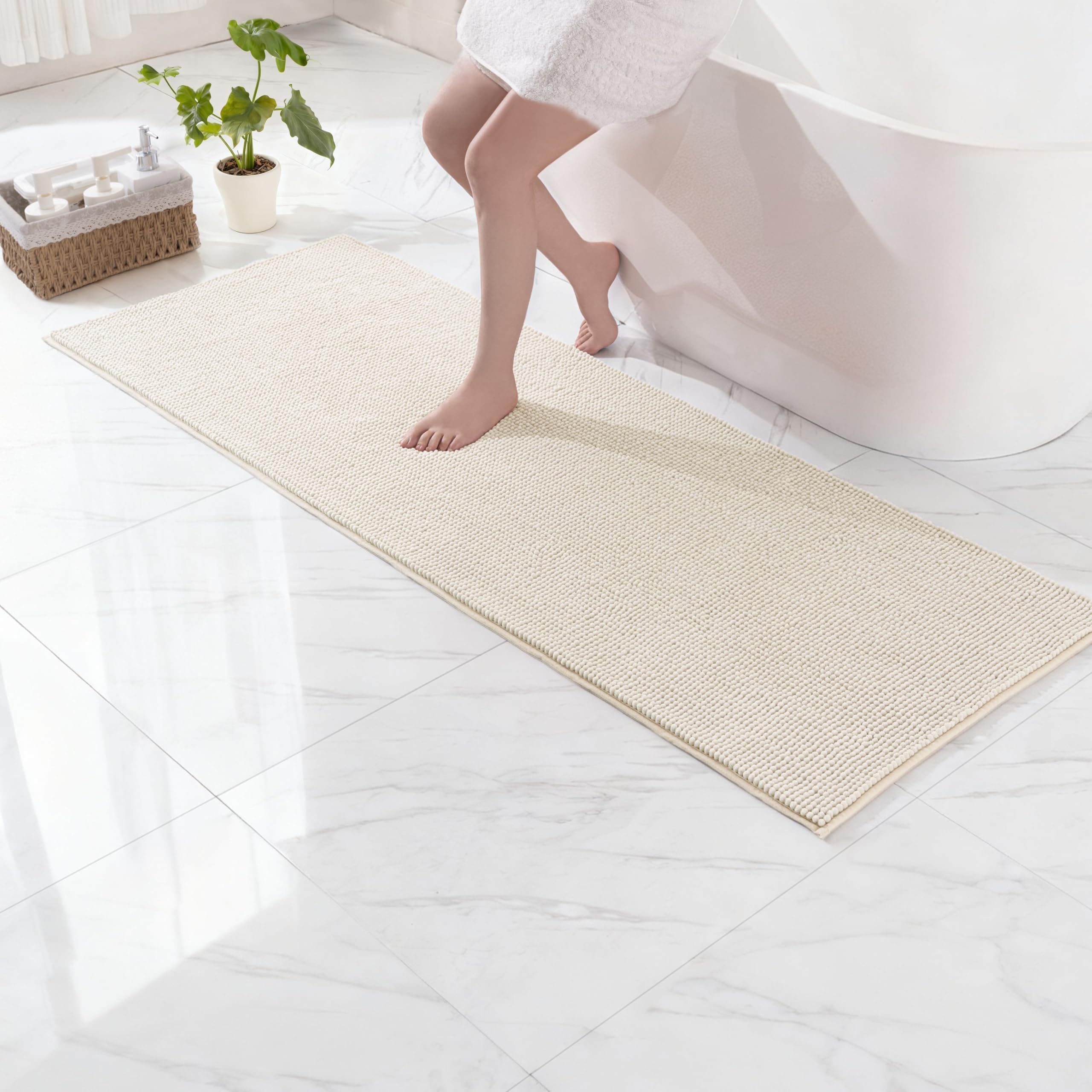 Exclusivo Mezcla Chenille Bath Mat 60 x 180 cm, Extra Soft Non-Slip Absorbent Bathroom Mat, Machine Washable Quick Dry Bath Rugs for Bathroom Floor, Shower, Home Decor, Ivory