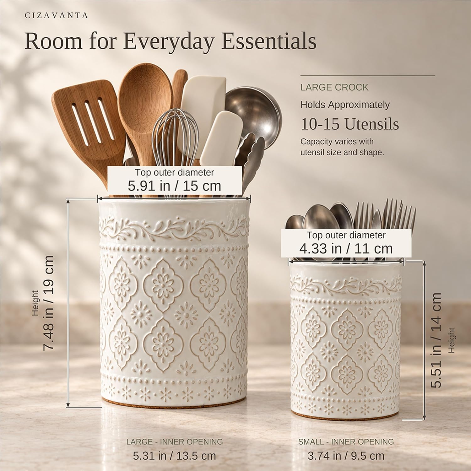 White Ceramic Utensil Holder Set of 2, Large & Small Embossed Crocks