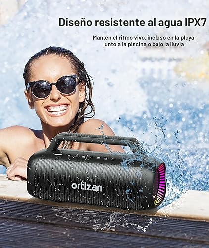 Miniatura 3 de Ortizan Altavoz Bluetooth portátil, pico de 80 W, graves arriba, tiempo de reproducción de 20 horas, IPX7 impermeable, luces RGB, emparejamiento